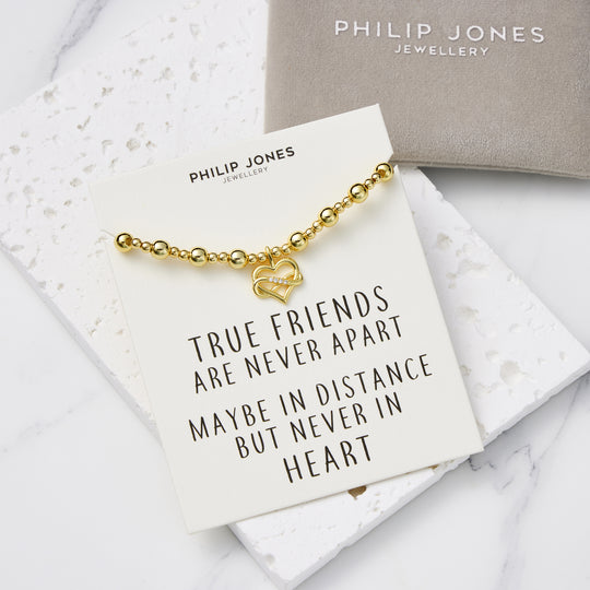 18k Gold Plated Infinity Heart Beaded Stretch True Friends Bracelet with Quote Card