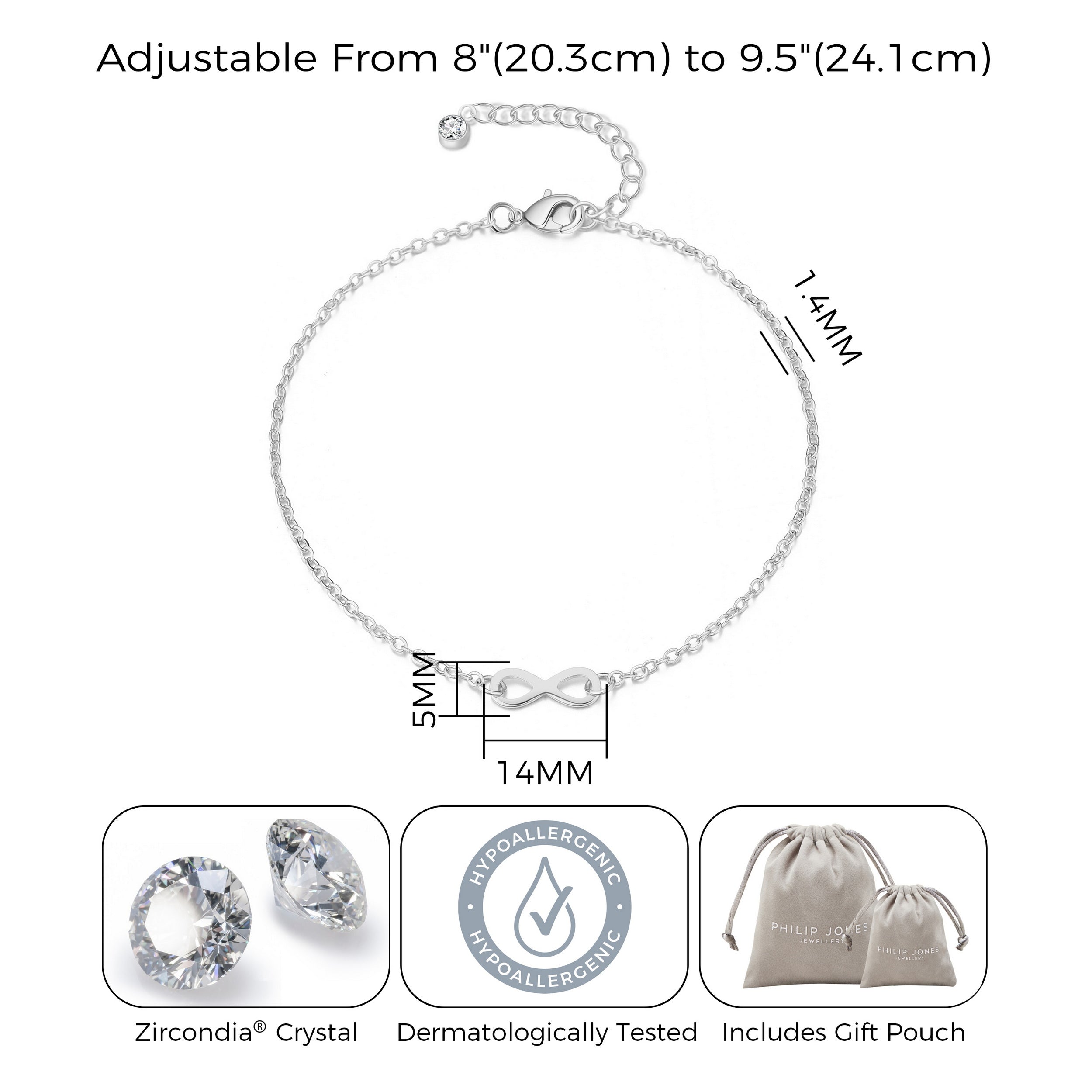 Silver Plated Infinity Anklet Created with Zircondia® Crystals