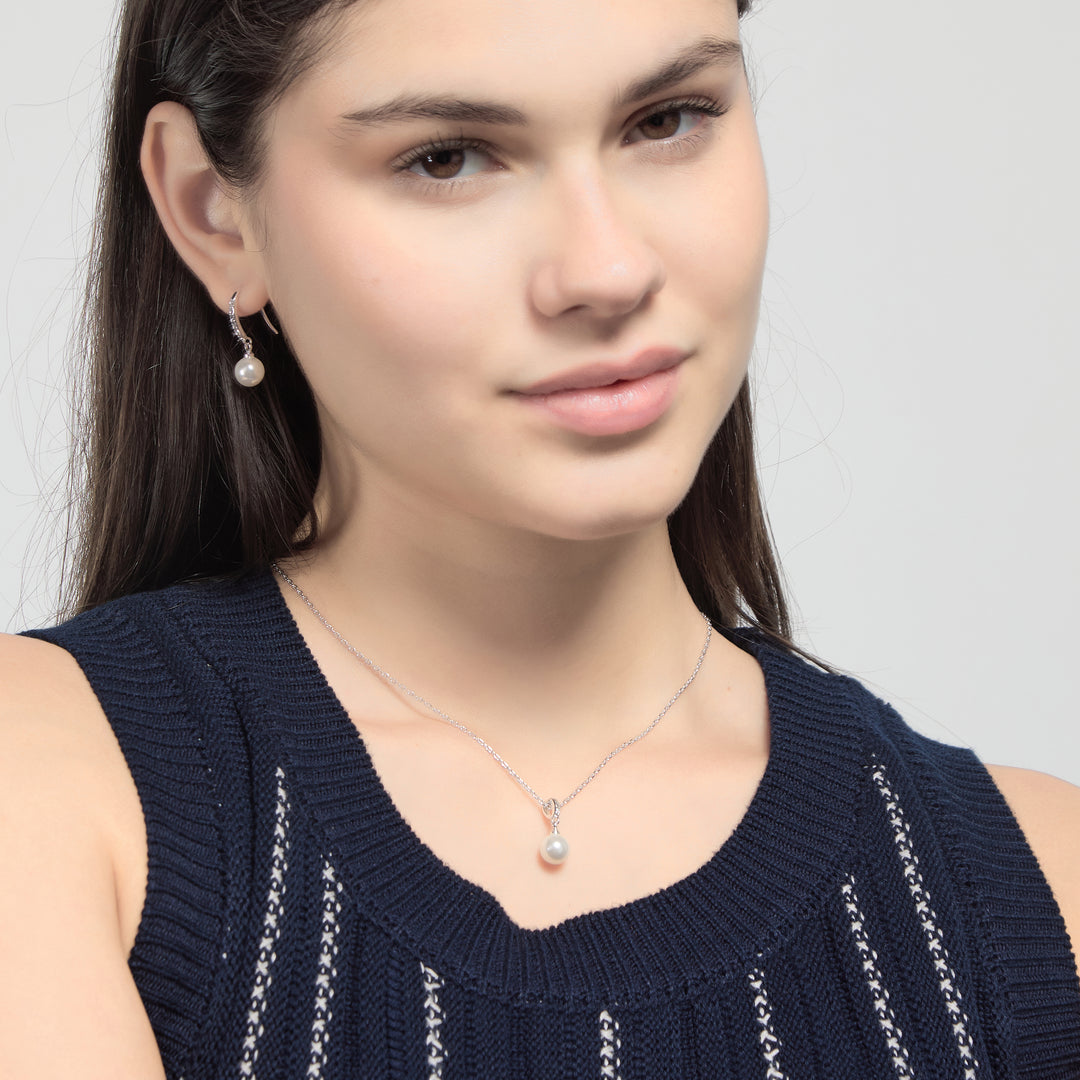 Silver Plated Pearl Drop Set Created with Zircondia® Crystals