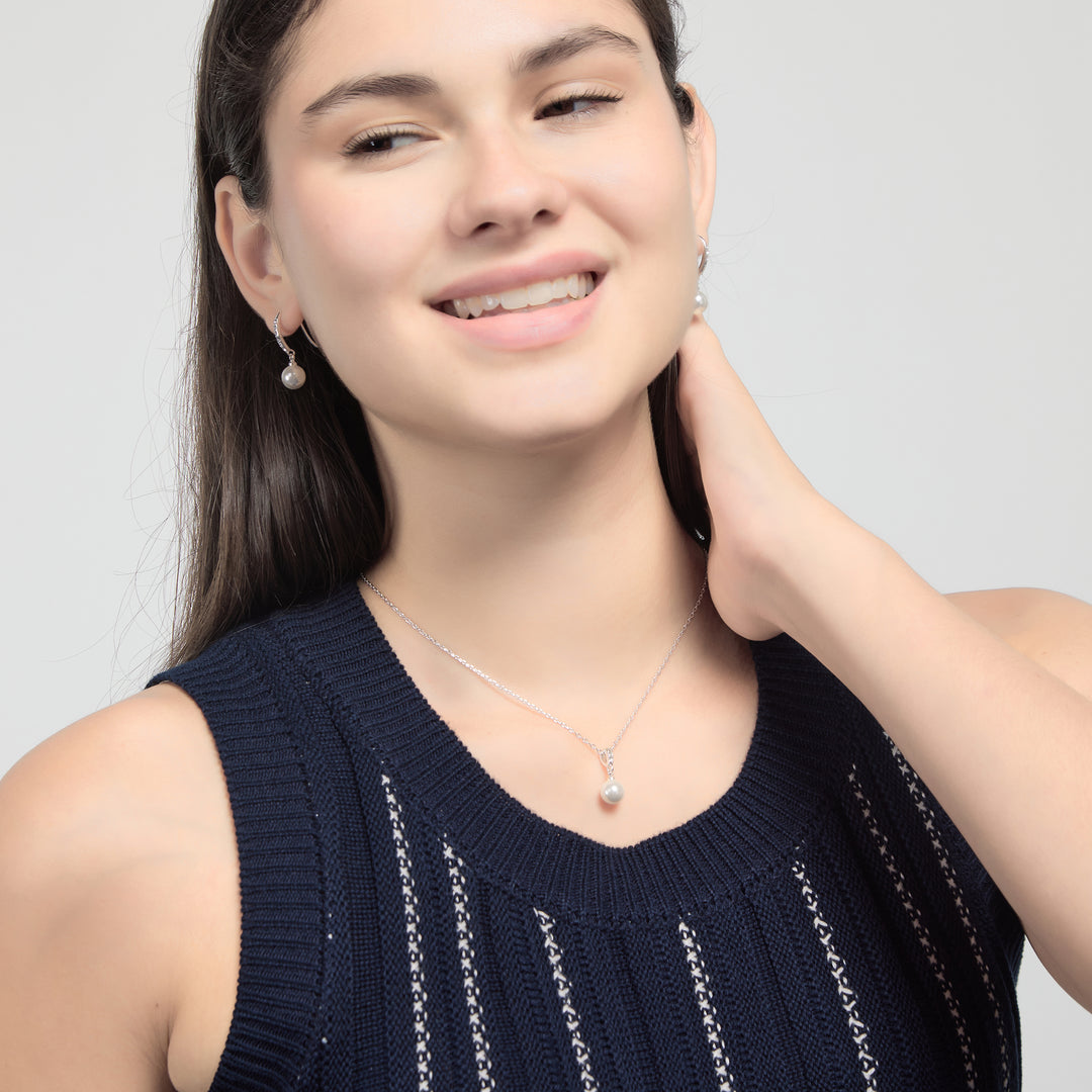 Silver Plated Pearl Drop Set Created with Zircondia® Crystals