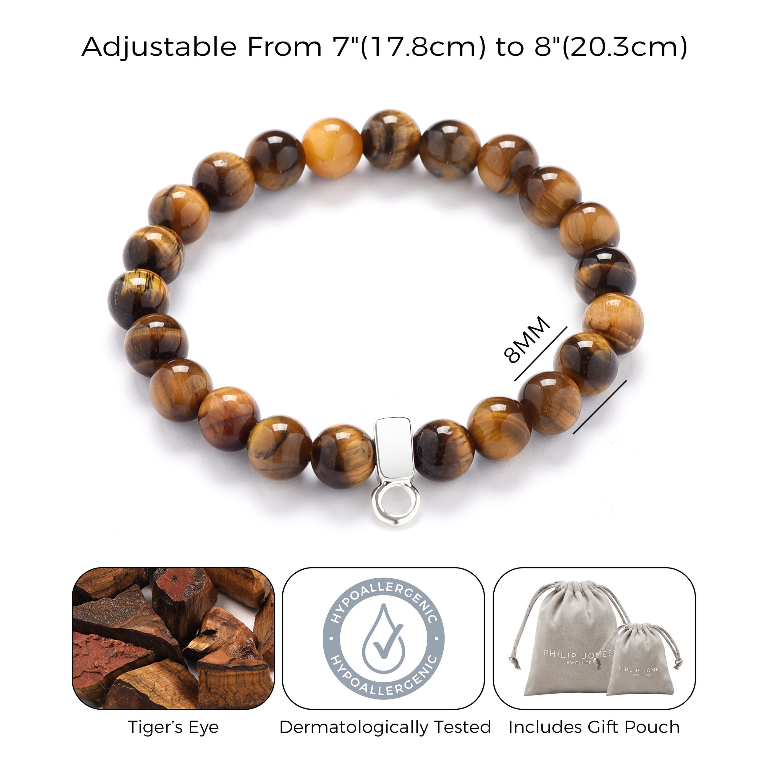 Tiger's Eye Gemstone Charm Stretch Bracelet with Charm Created with Zircondia® Crystals