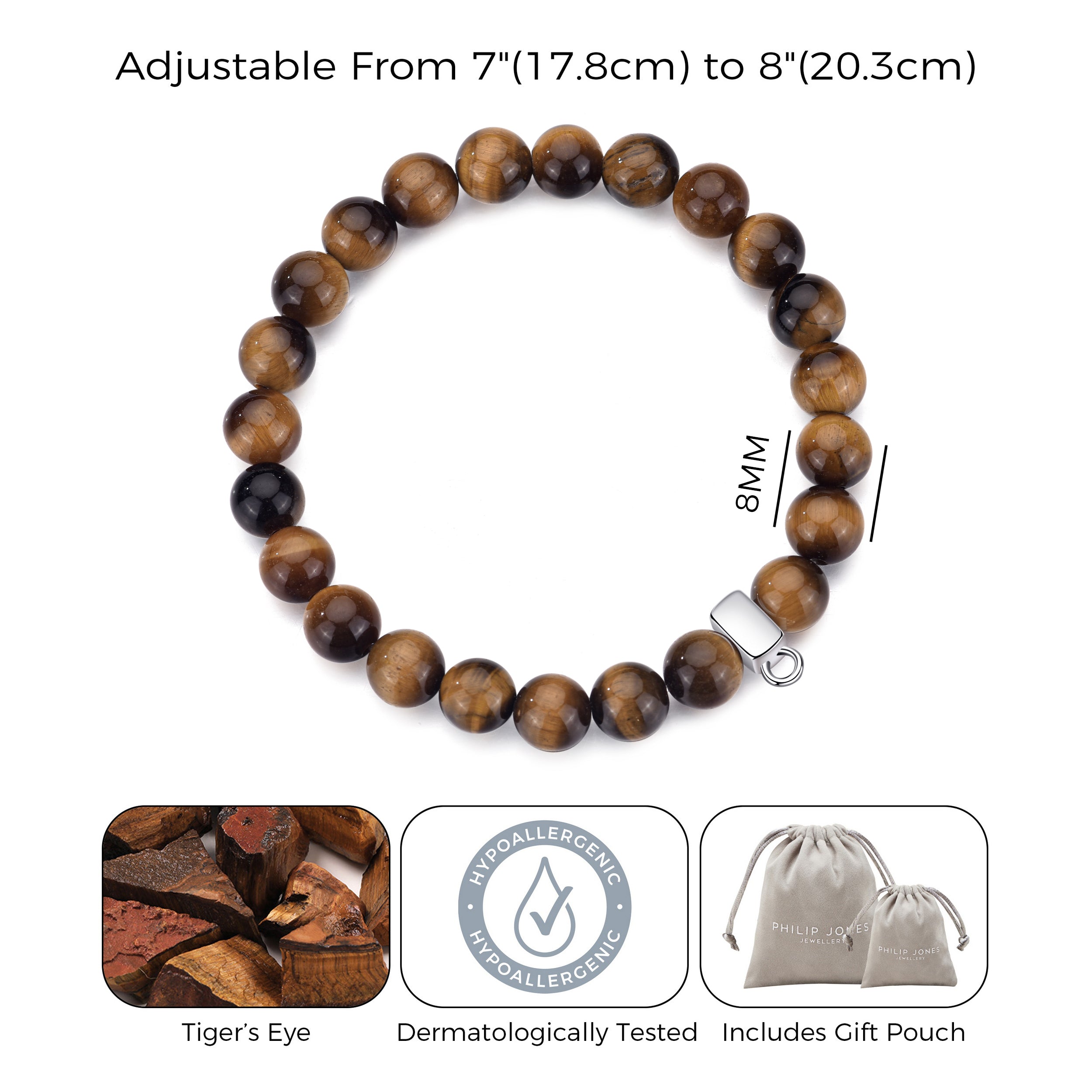 Tiger's Eye Gemstone Charm Stretch Bracelet with Charm Created with Zircondia® Crystals