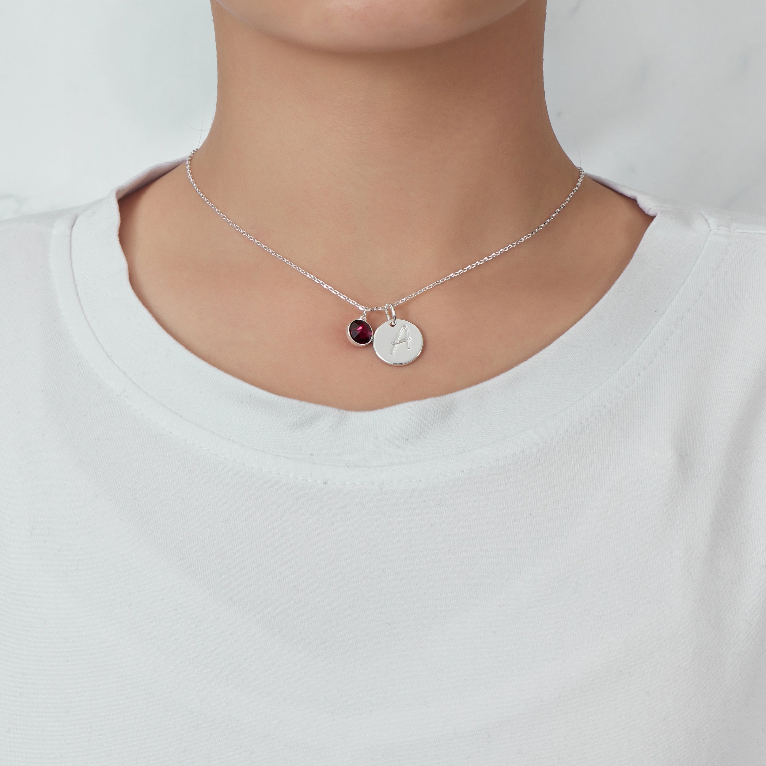 July (Ruby) Birthstone Necklace with Initial Charm (A to Z) Created with Zircondia® Crystals