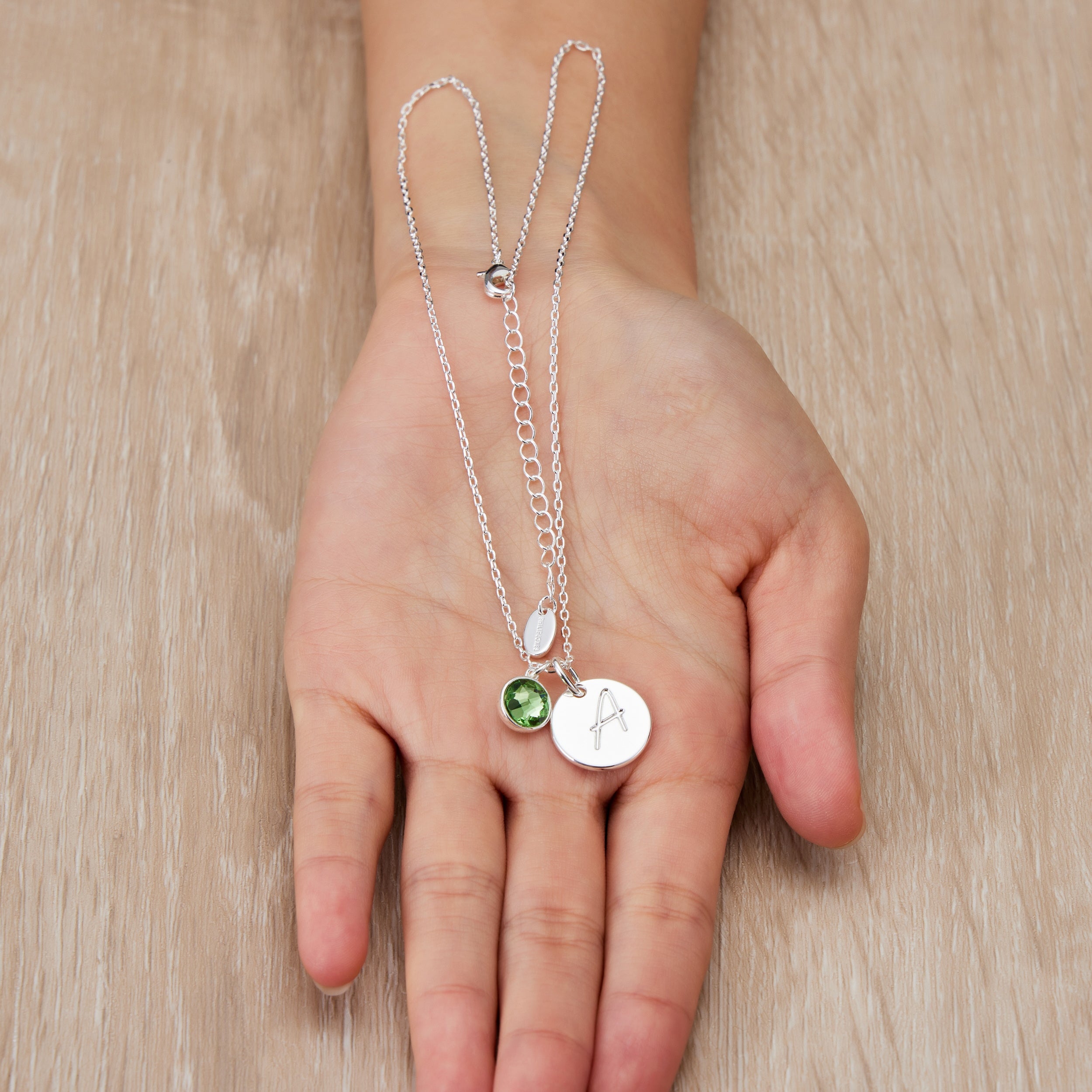 August (Peridot) Birthstone Necklace with Initial Charm (A to Z) Created with Zircondia® Crystals