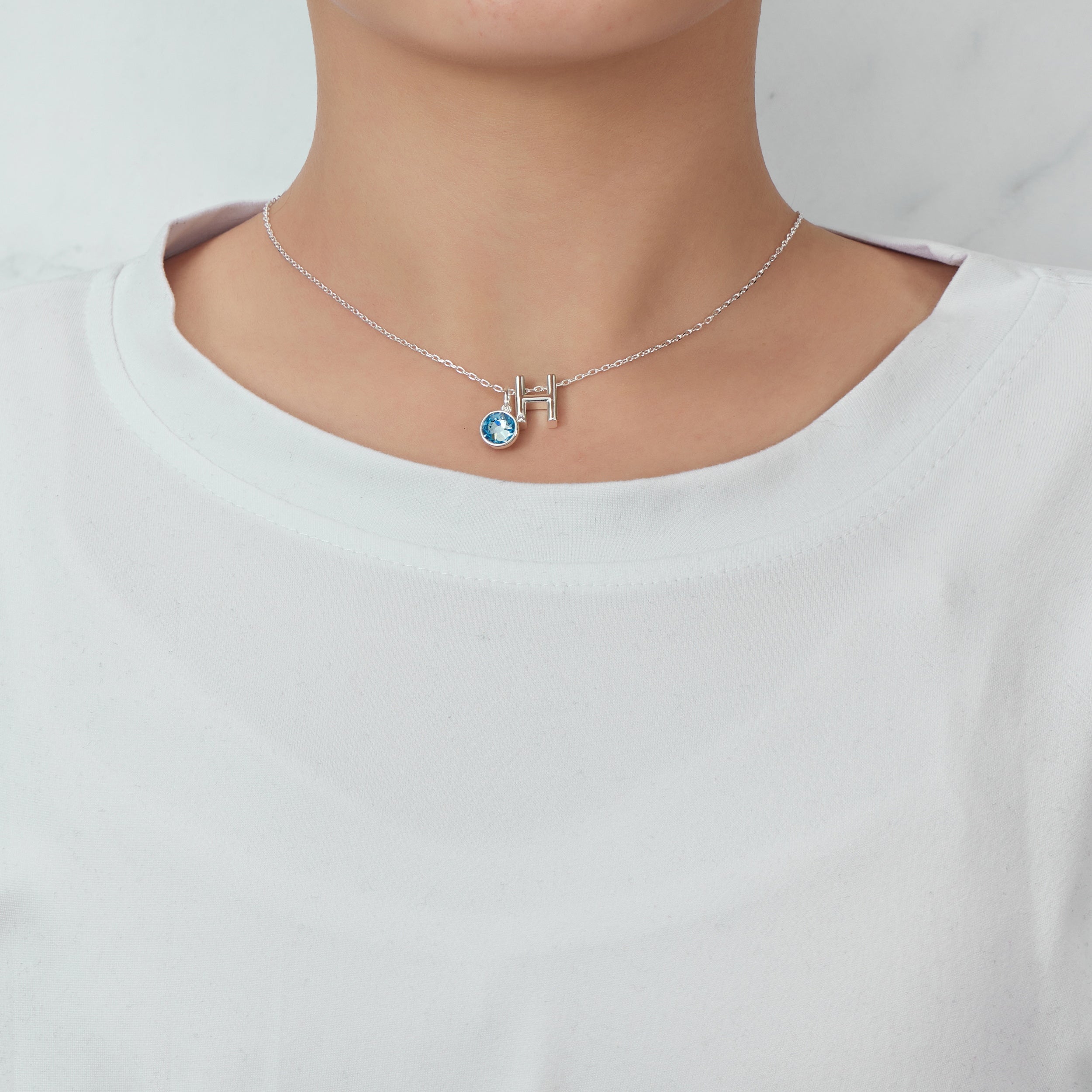 Initial H Necklace with Birthstone Charm Created with Zircondia® Crystals
