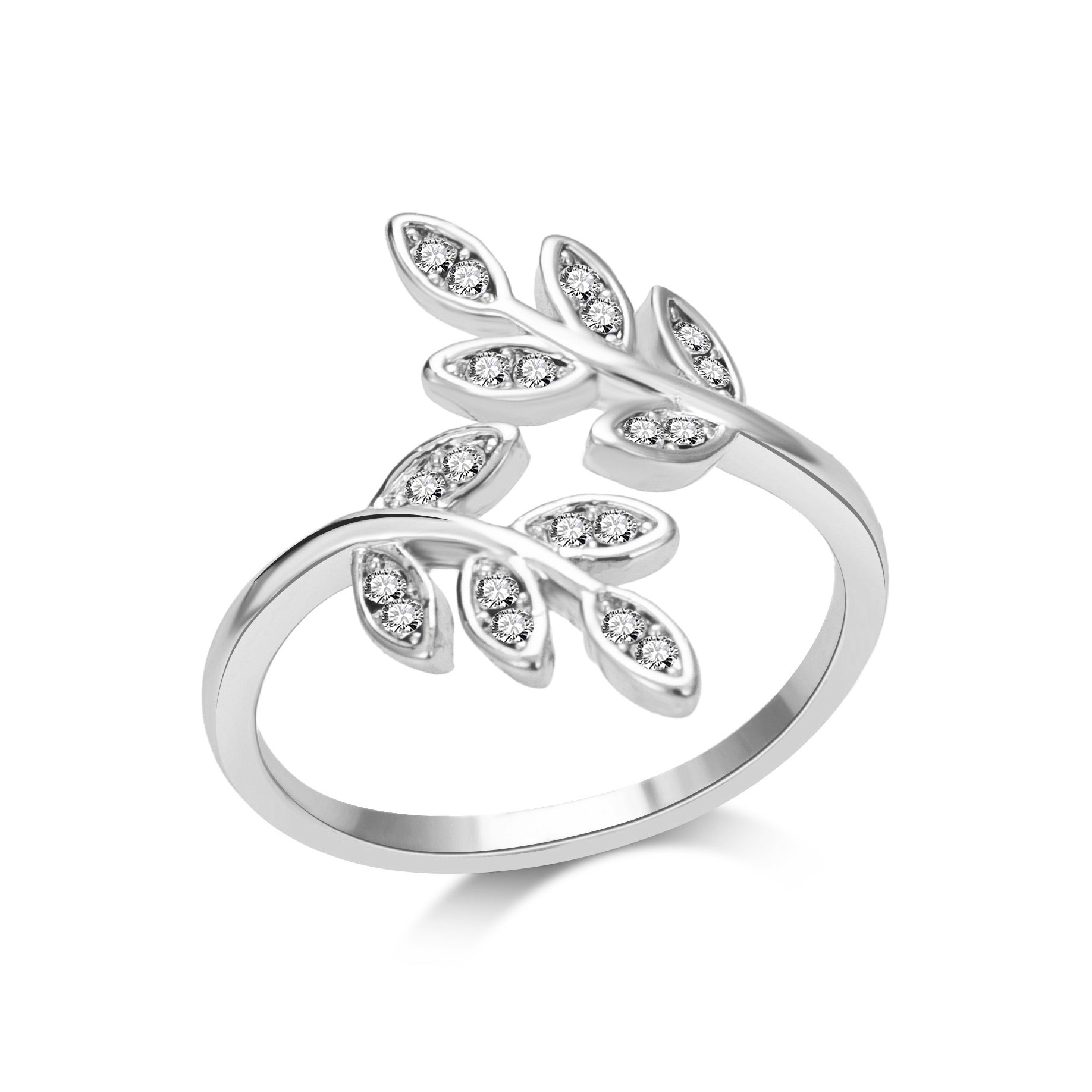 Silver Plated Leaf Ring Created with Zircondia® Crystals