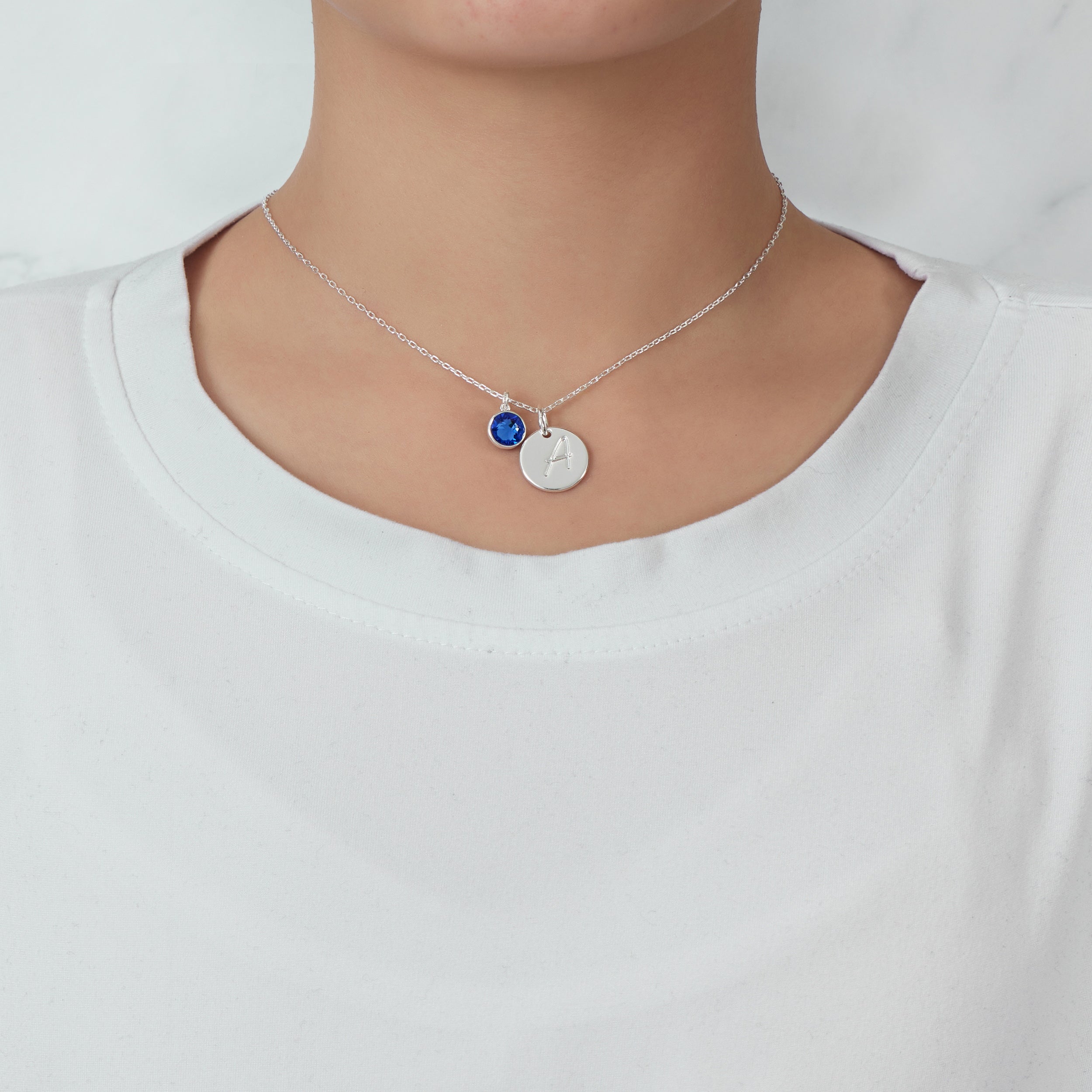 September (Sapphire) Birthstone Necklace with Initial Charm (A to Z) Created with Zircondia® Crystals