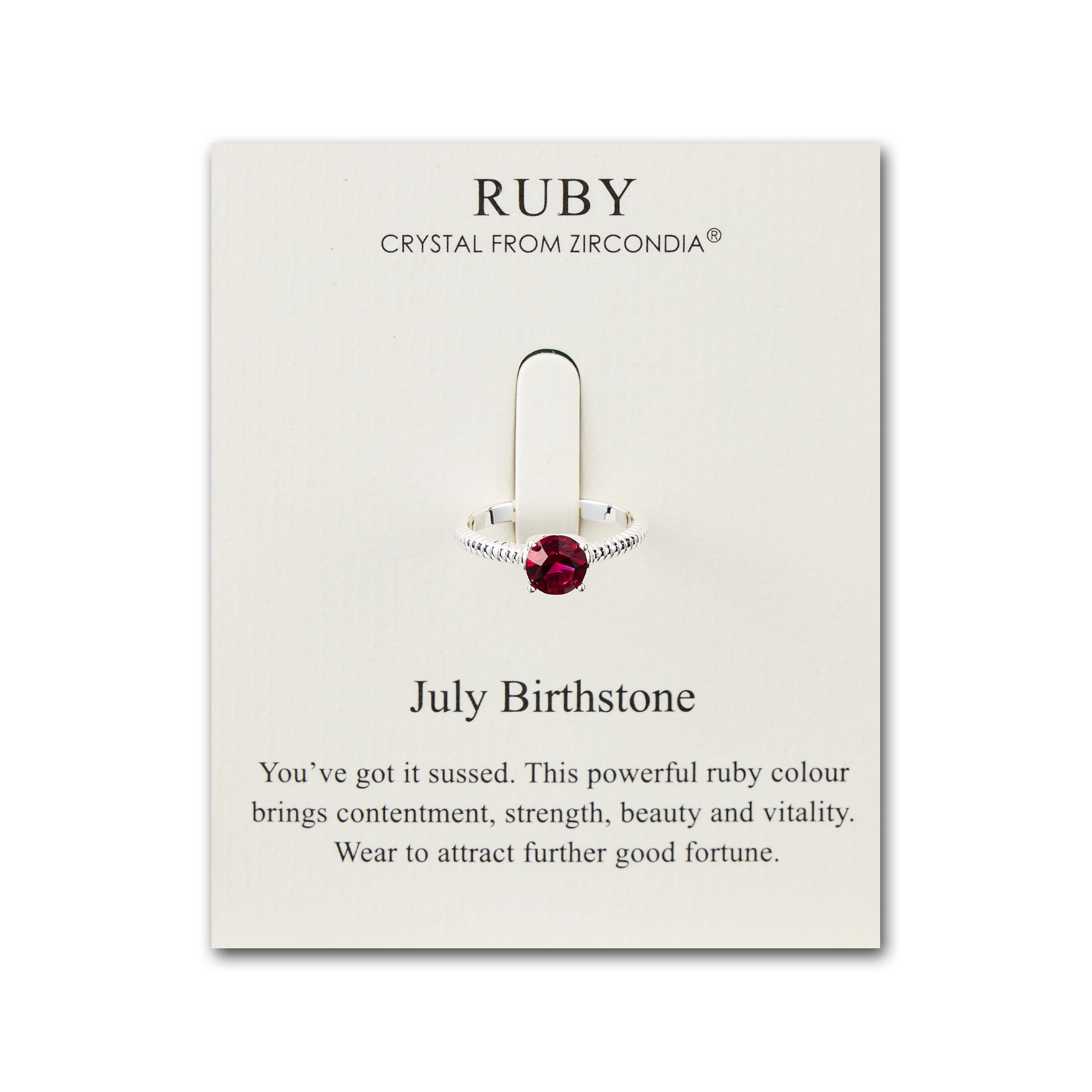 July (Ruby) Adjustable Birthstone Ring Created with Zircondia® Crystals