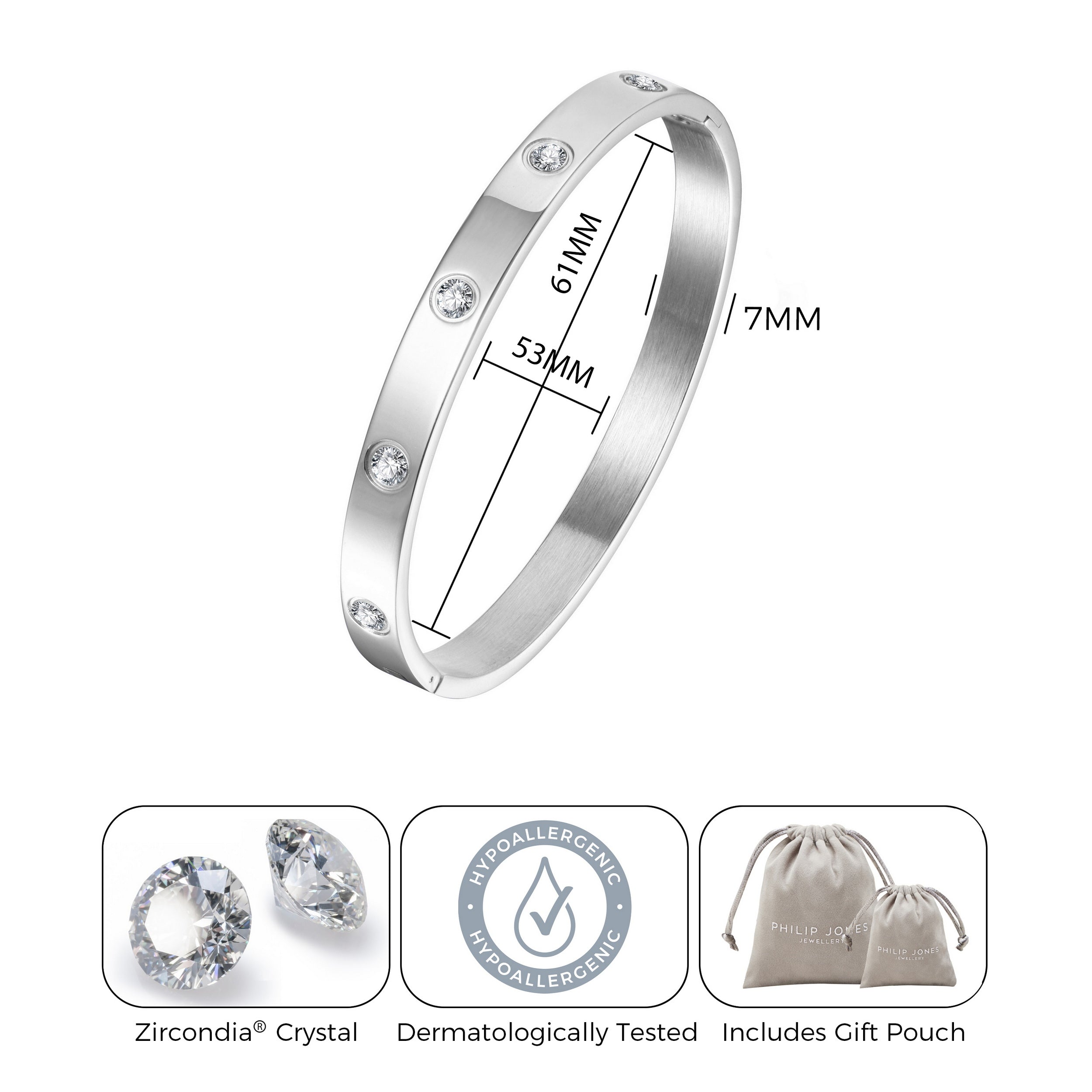 Stainless Steel Stud Bangle Created with Zircondia® Crystals (7 Inch)