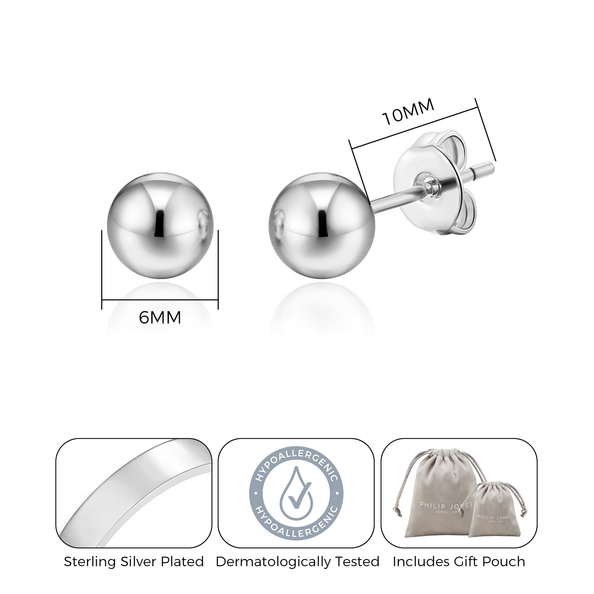 Silver Plated Ball Stud Earrings by Philip Jones Jewellery