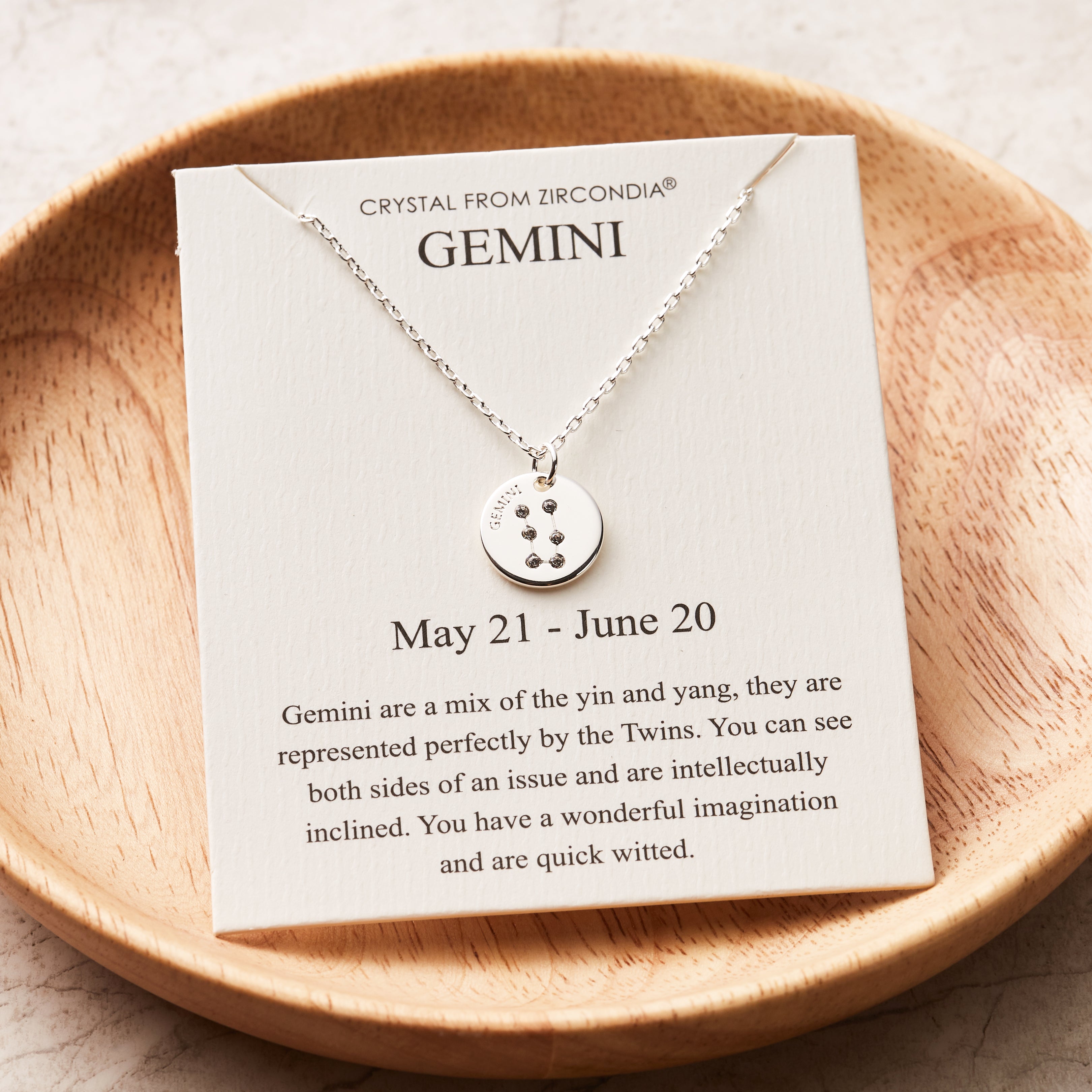 Gemini Zodiac Star Sign Disc Necklace Created with Zircondia® Crystals