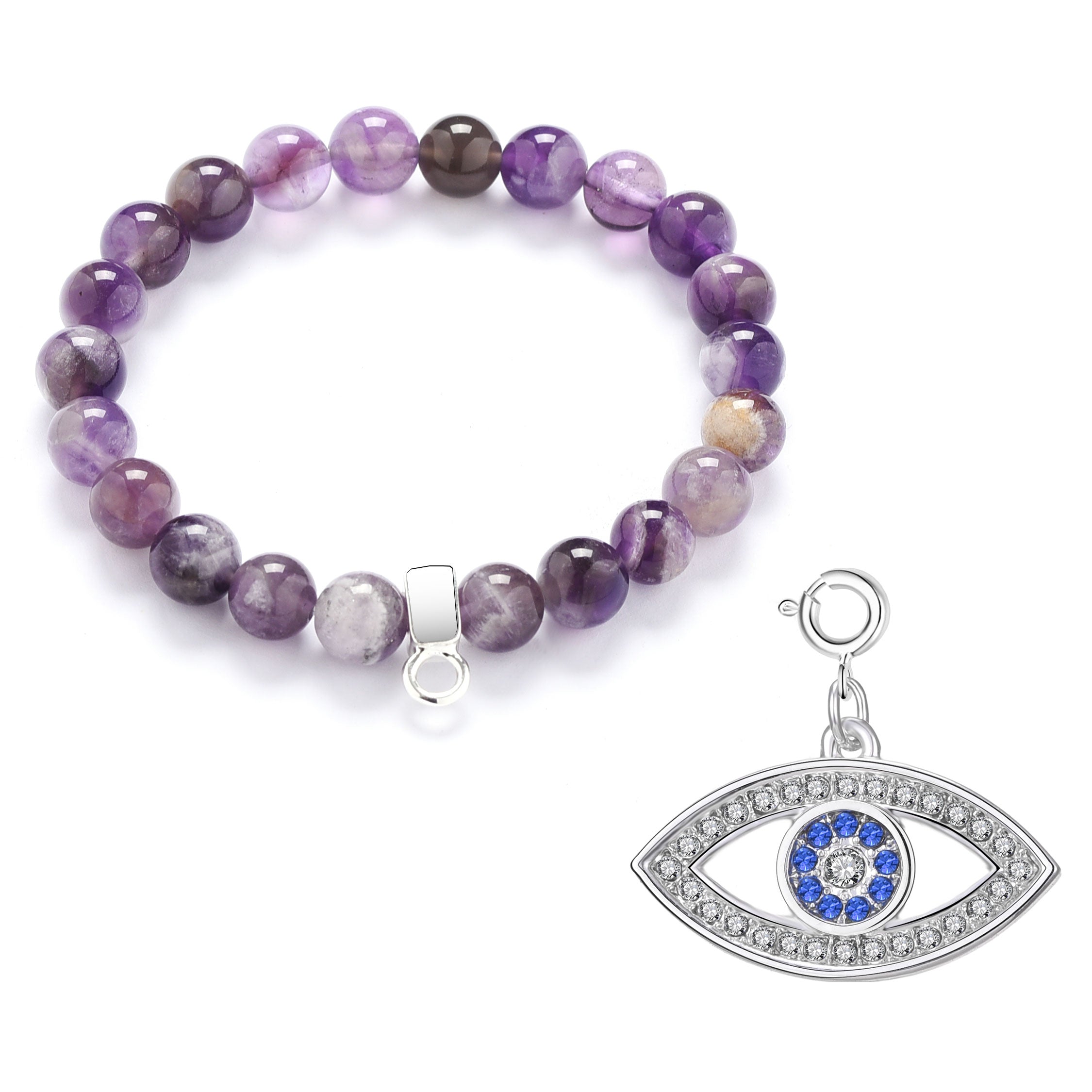 Amethyst Gemstone Stretch Bracelet with Charm Created with Zircondia® Crystals