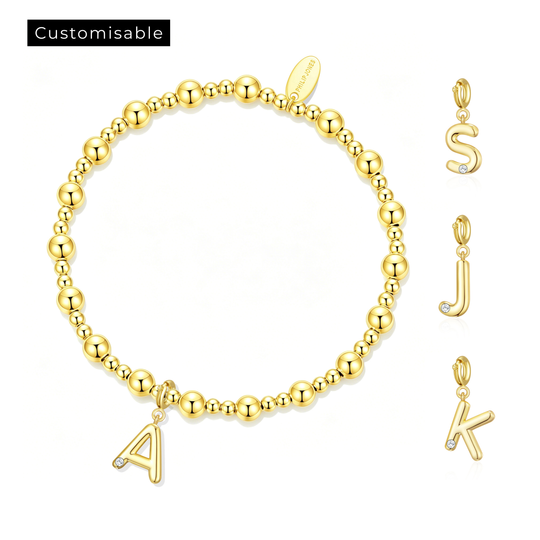 Customisable 18k Gold Plated Beaded Stretch Bracelet (A-Z) with Option of Initial Charm - Philip Jones Jewellery