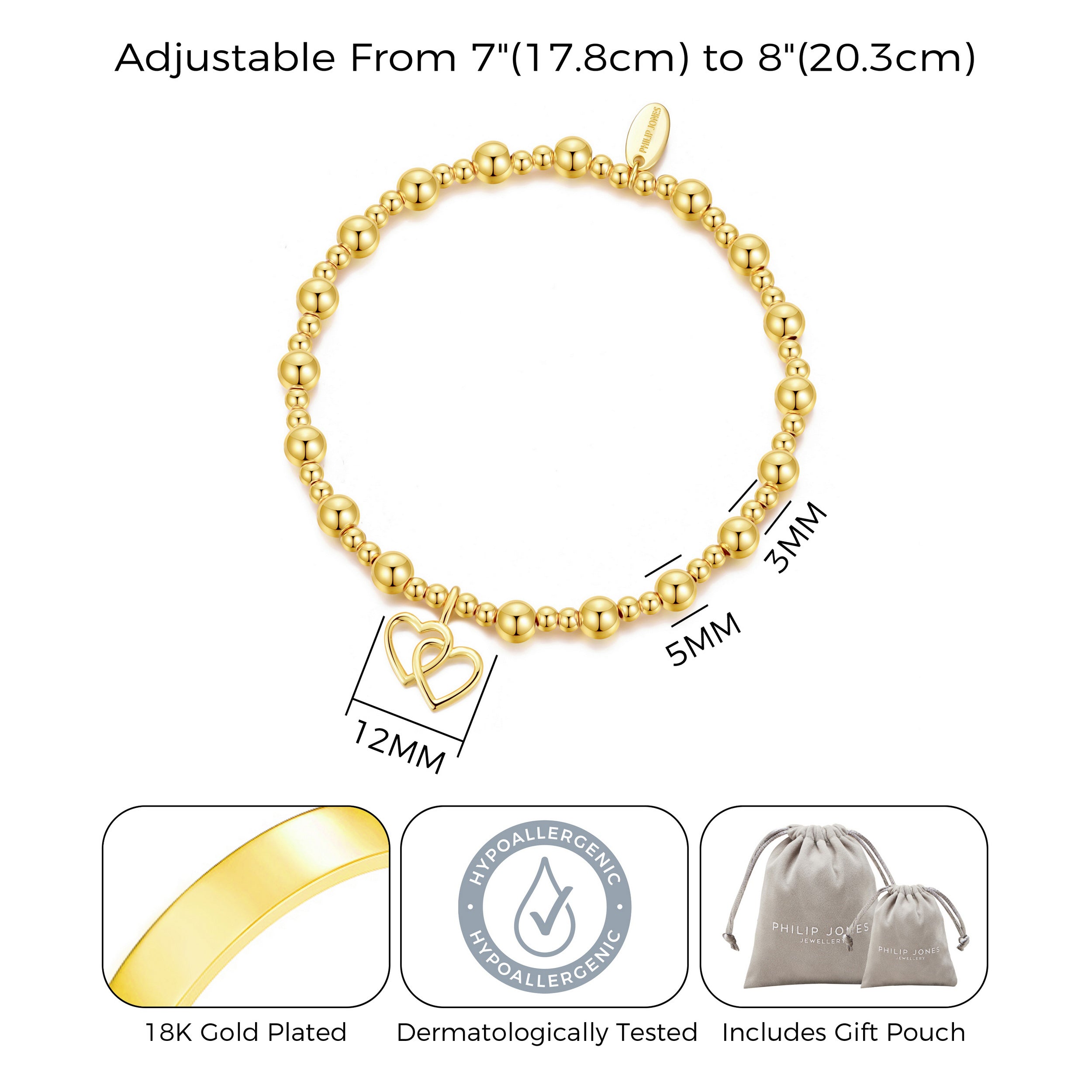 Gold Plated Heart Link Beaded Stretch Bracelet