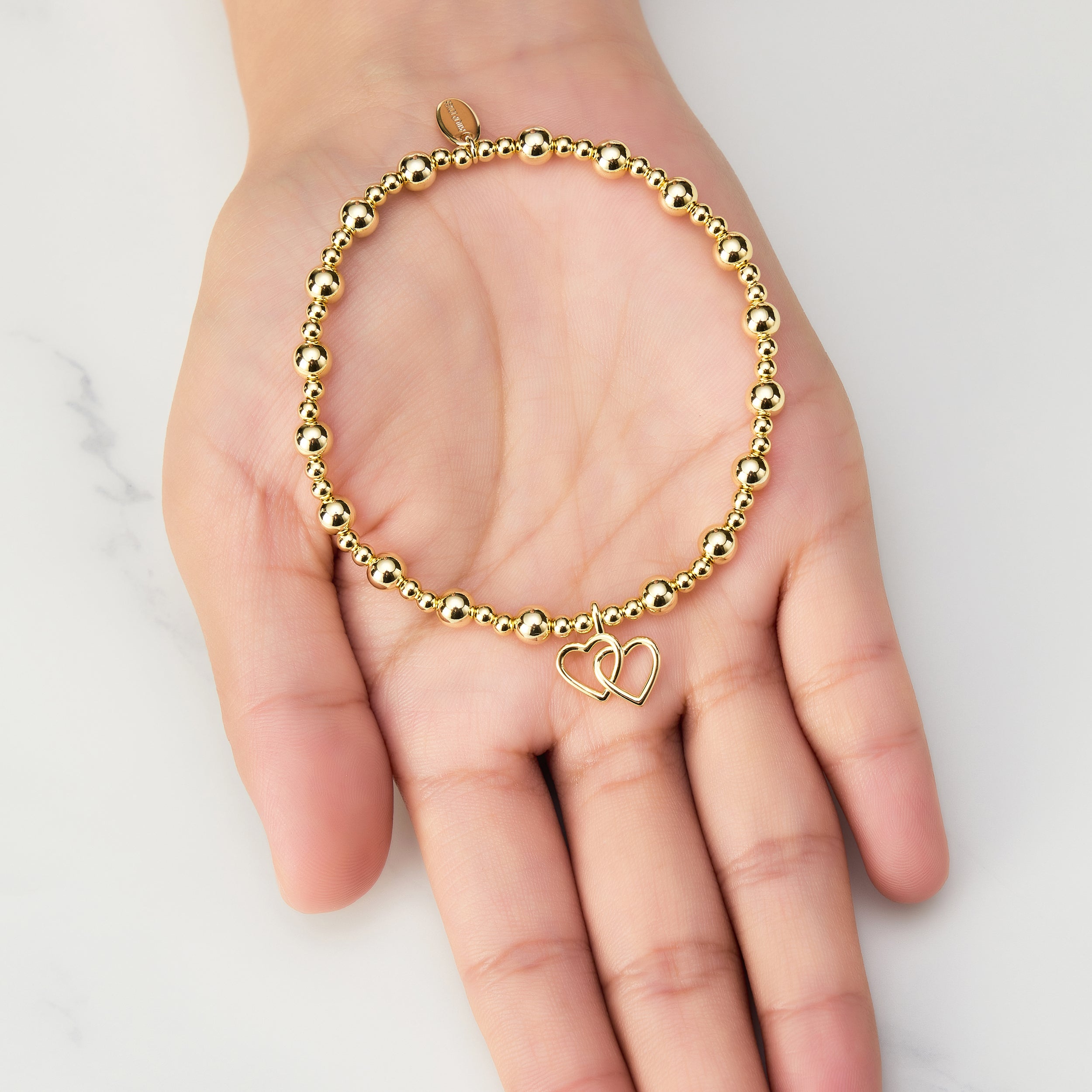 Gold Plated Heart Link Beaded Stretch Bracelet