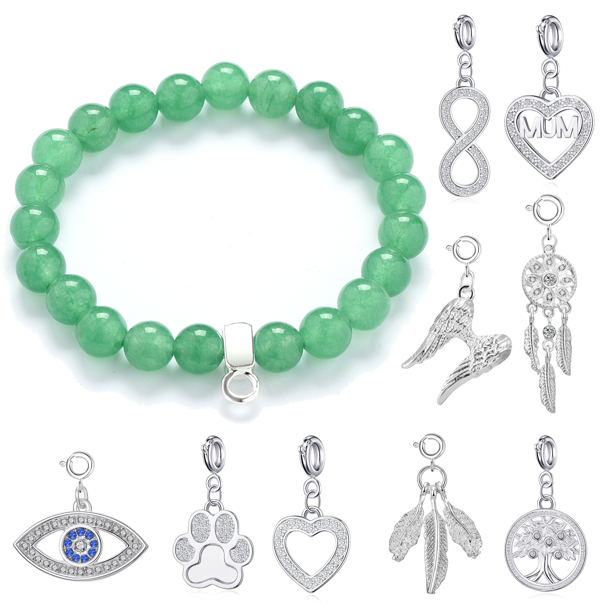 Green Aventurine Gemstone Stretch Bracelet with Charm Created with Zircondia® Crystals by Philip Jones Jewellery