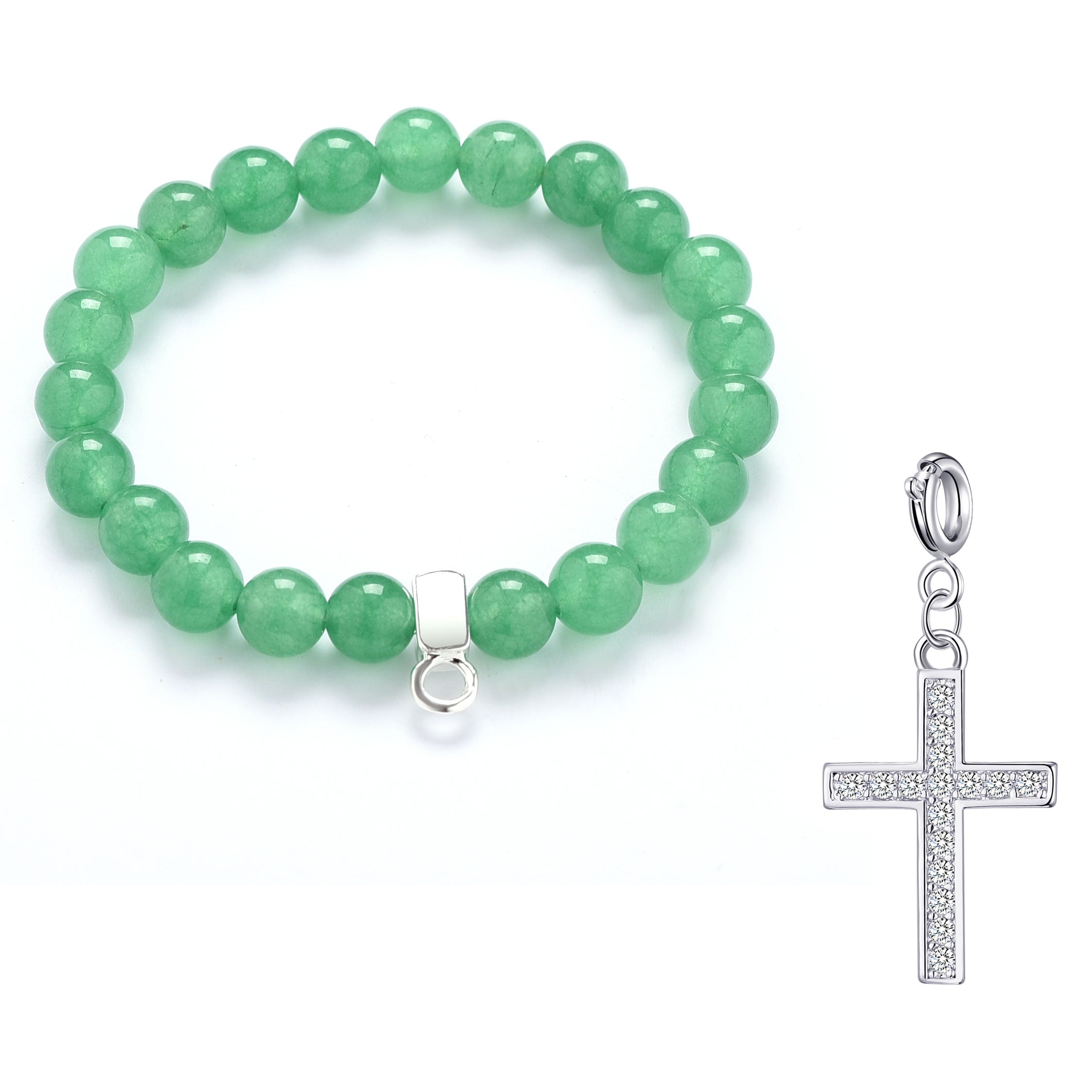Green Aventurine Gemstone Stretch Bracelet with Charm Created with Zircondia® Crystals