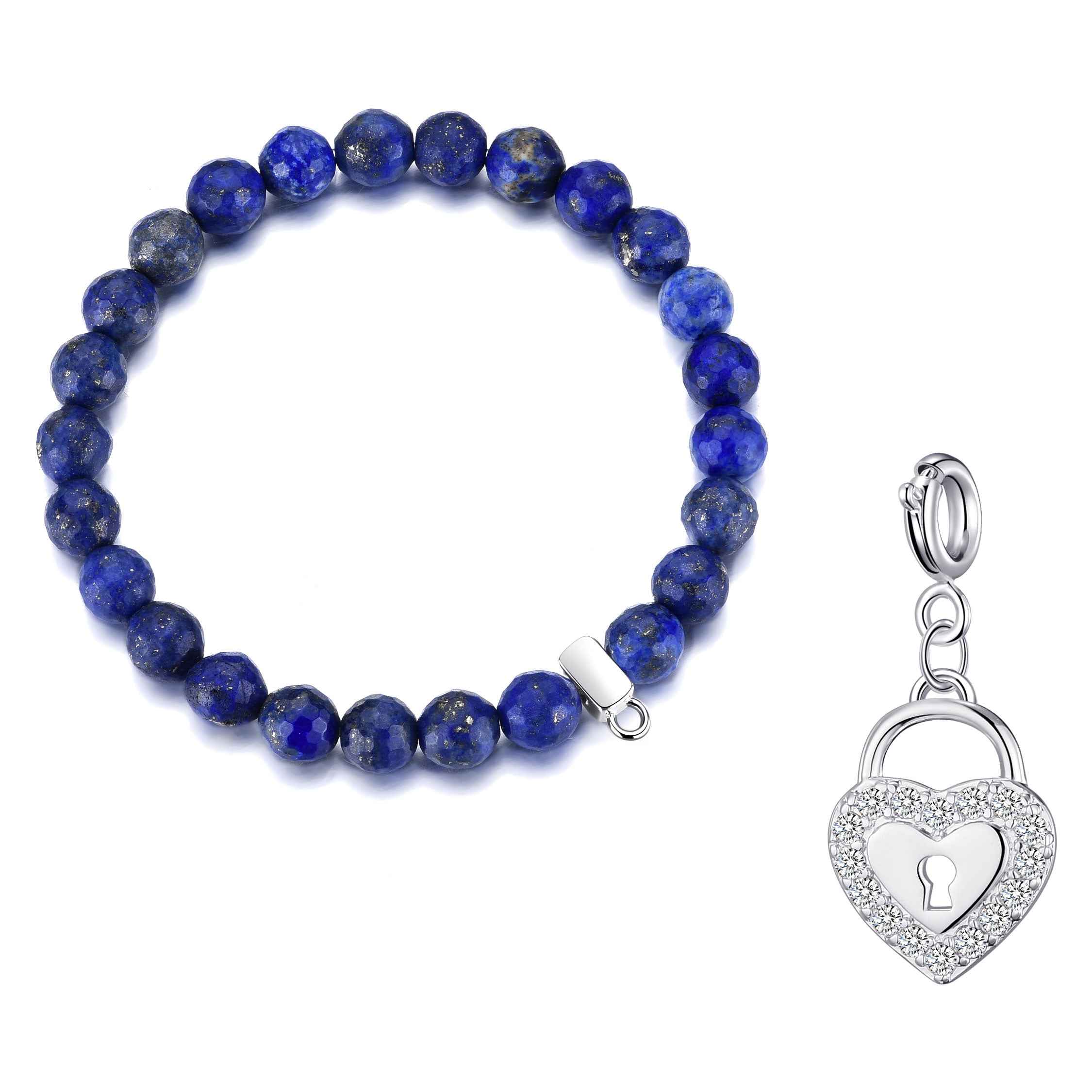 Faceted Lapis Gemstone Bracelet with Charm Created with Zircondia® Crystals