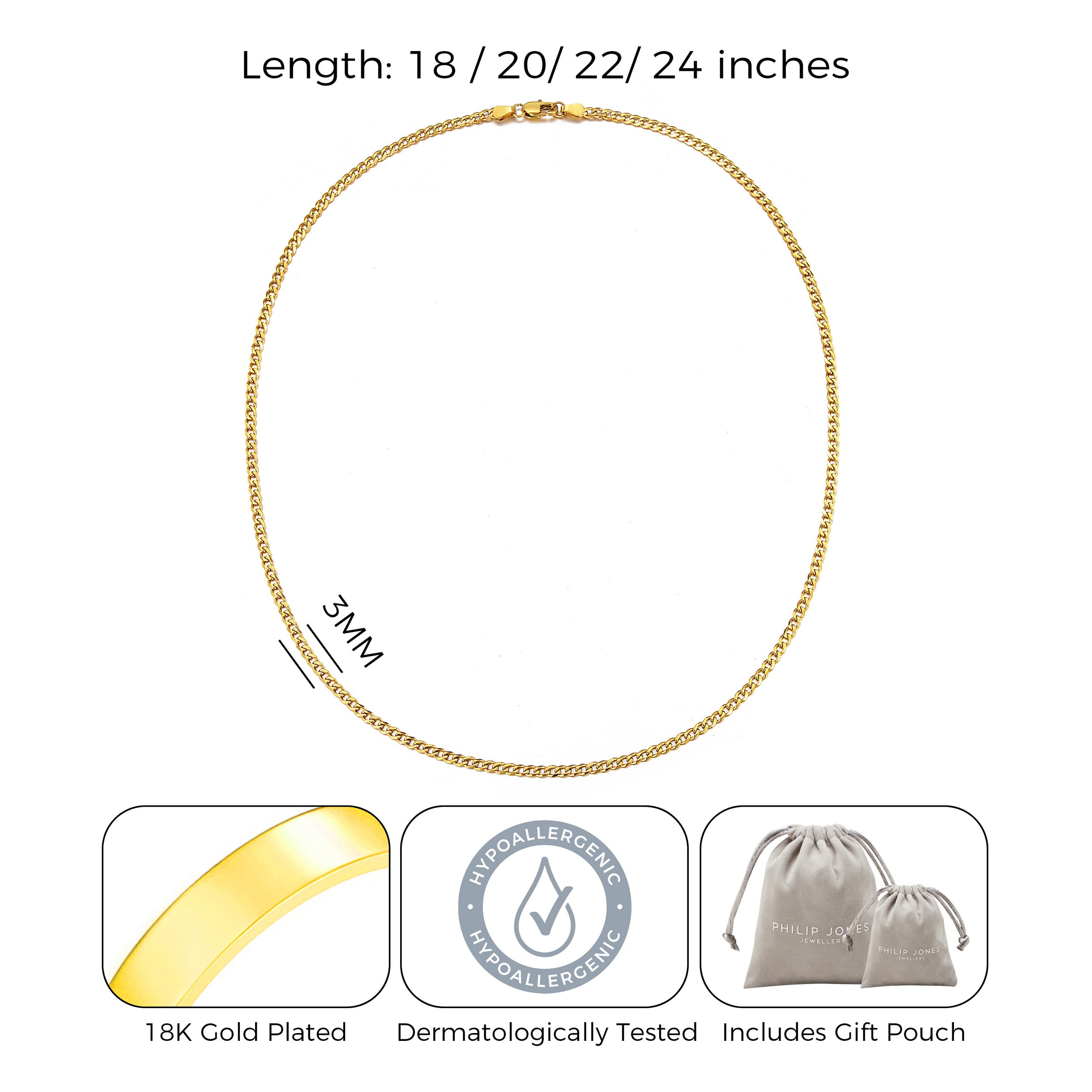 Men's 3mm Gold Plated Steel 18-24 Inch Cuban Curb Chain Necklace