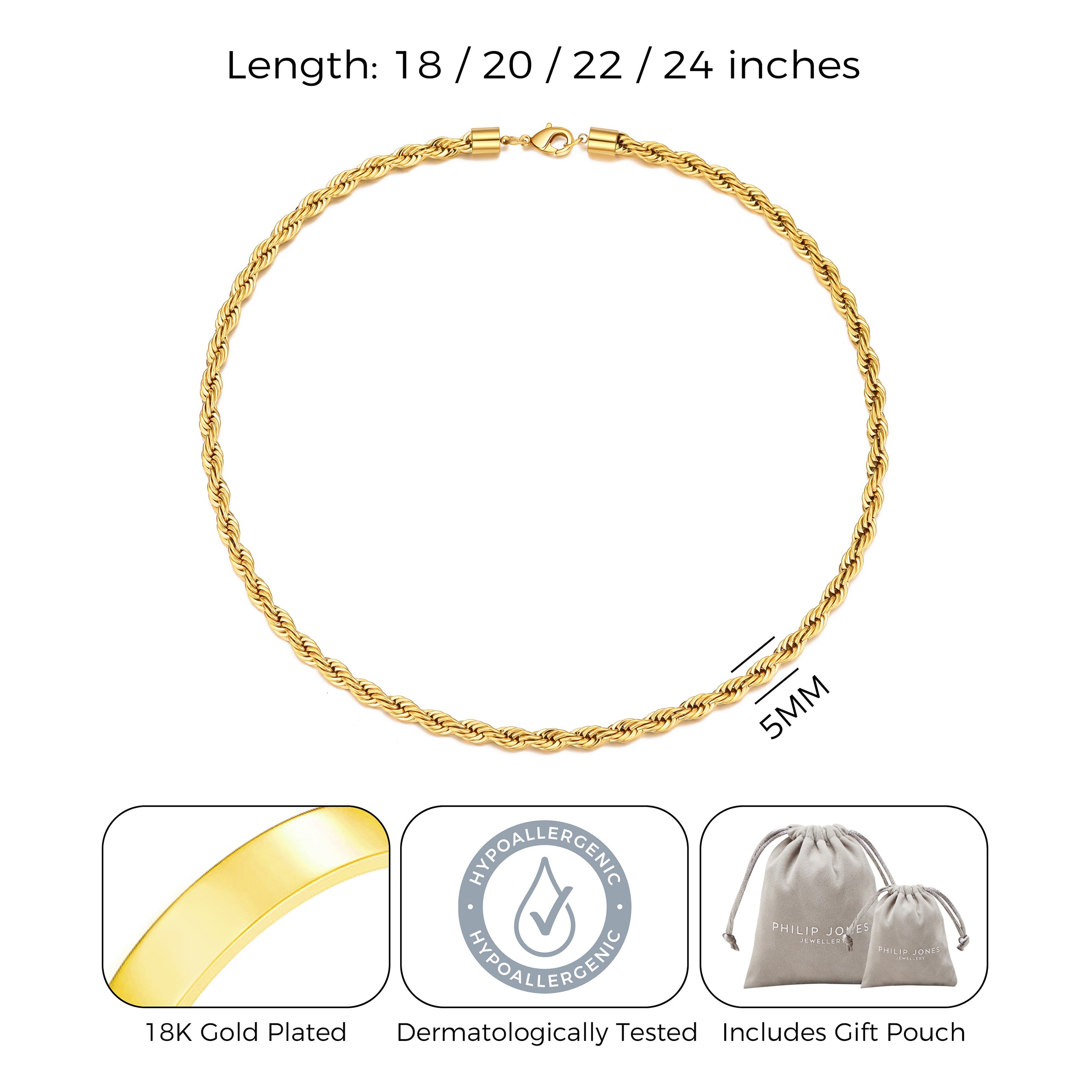 Men's 5mm Gold Plated Steel 18-24 Inch Round Rope Wheat Chain Necklace