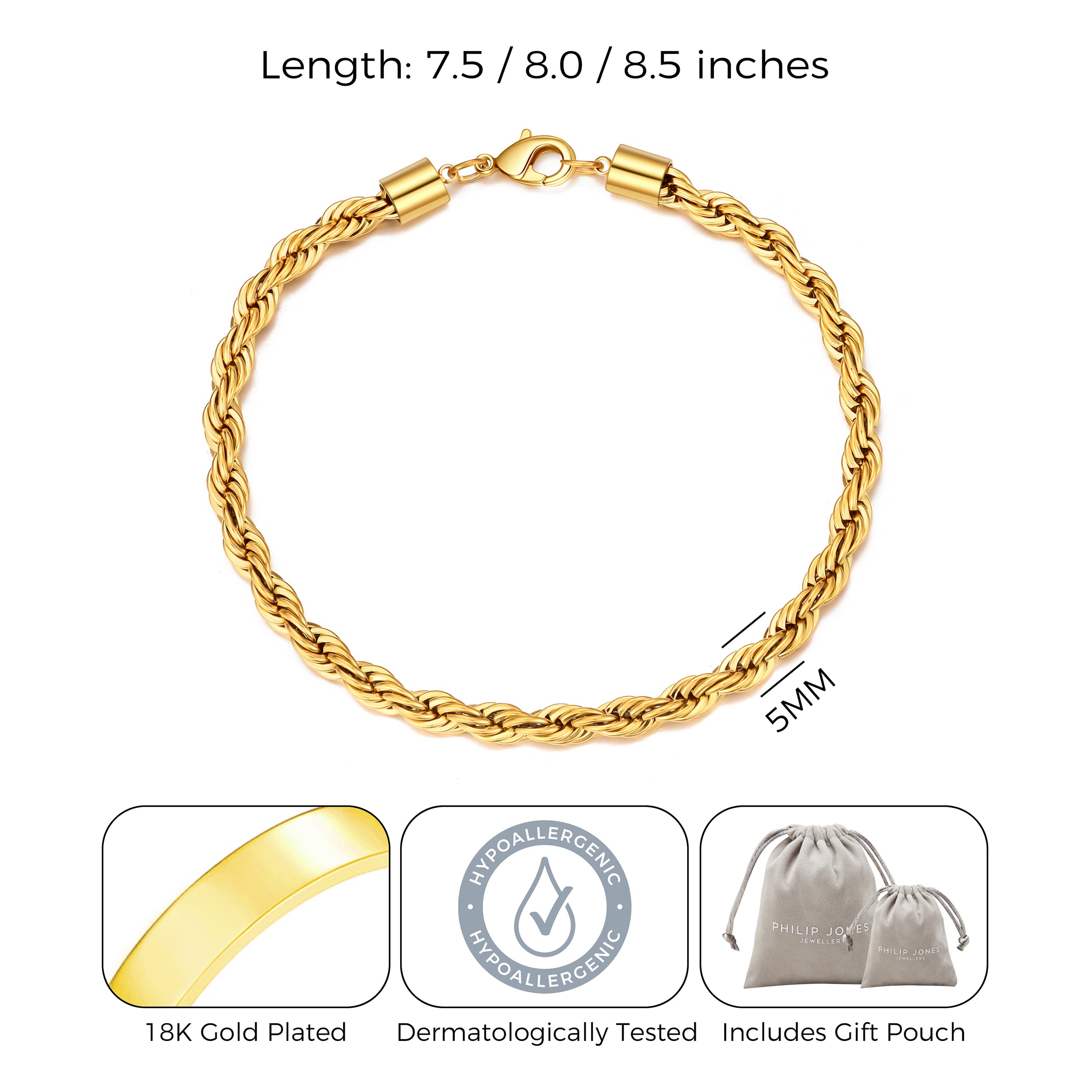 Men's 5mm Gold Plated Steel 7.5-8.5 Inch Round Rope Wheat Chain Bracelet