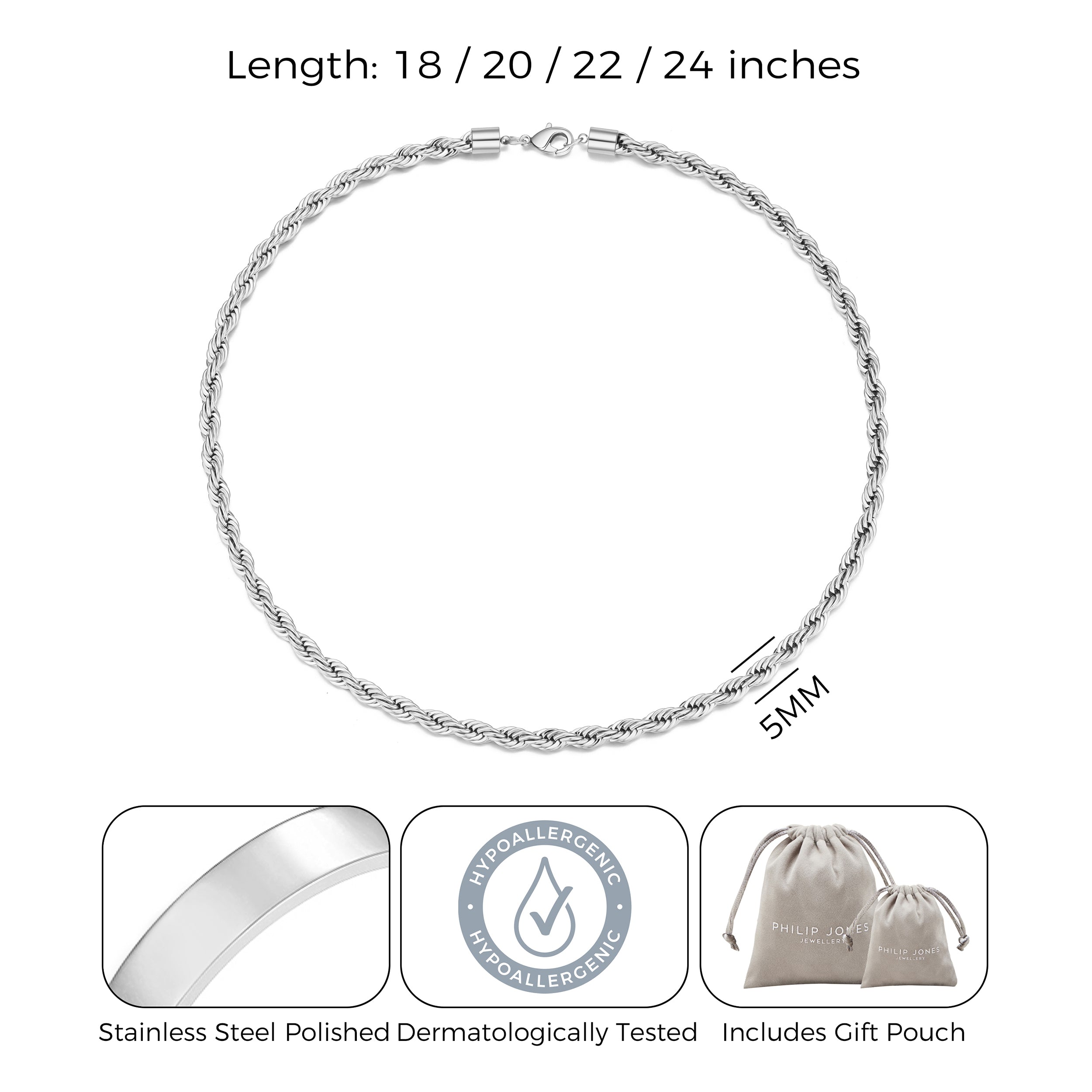 Men's 5mm Stainless Steel 18-24 Inch Round Rope Wheat Chain Necklace