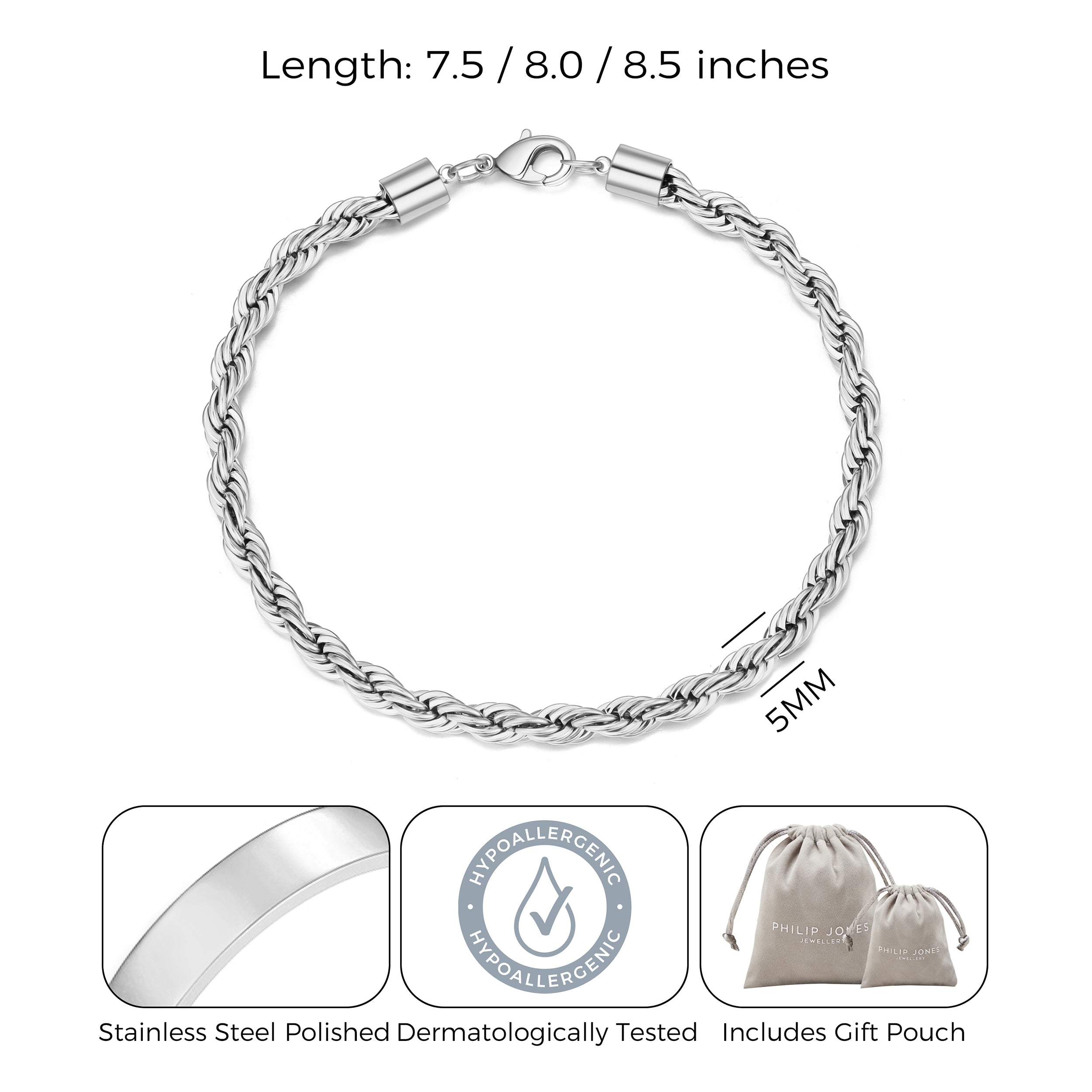 Men's 5mm Stainless Steel 7.5-8.5 Inch Round Rope Wheat Chain Bracelet