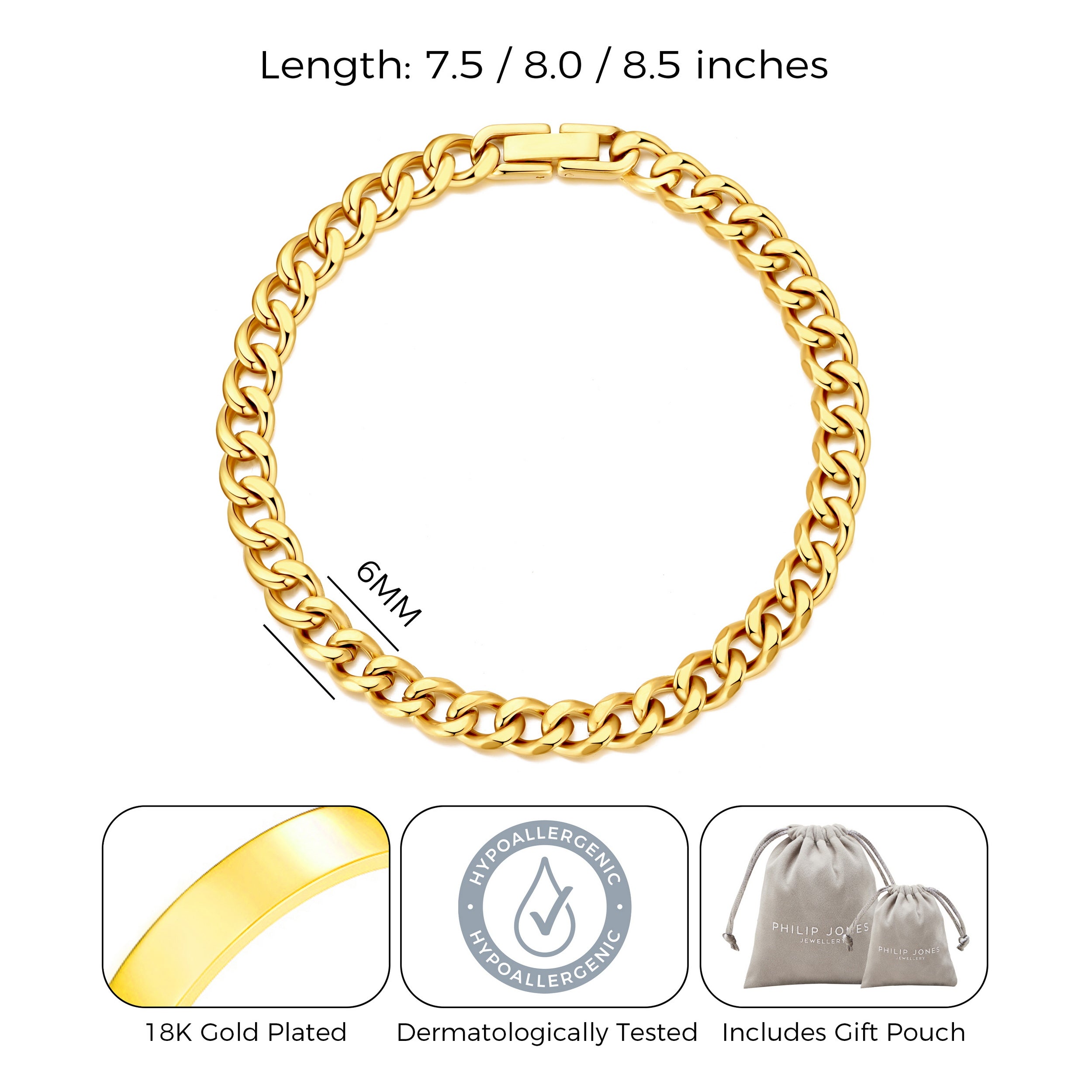 Men's 6mm Gold Plated Stainless Steel 7.5-8.5 Inch Curb Chain Bracelet