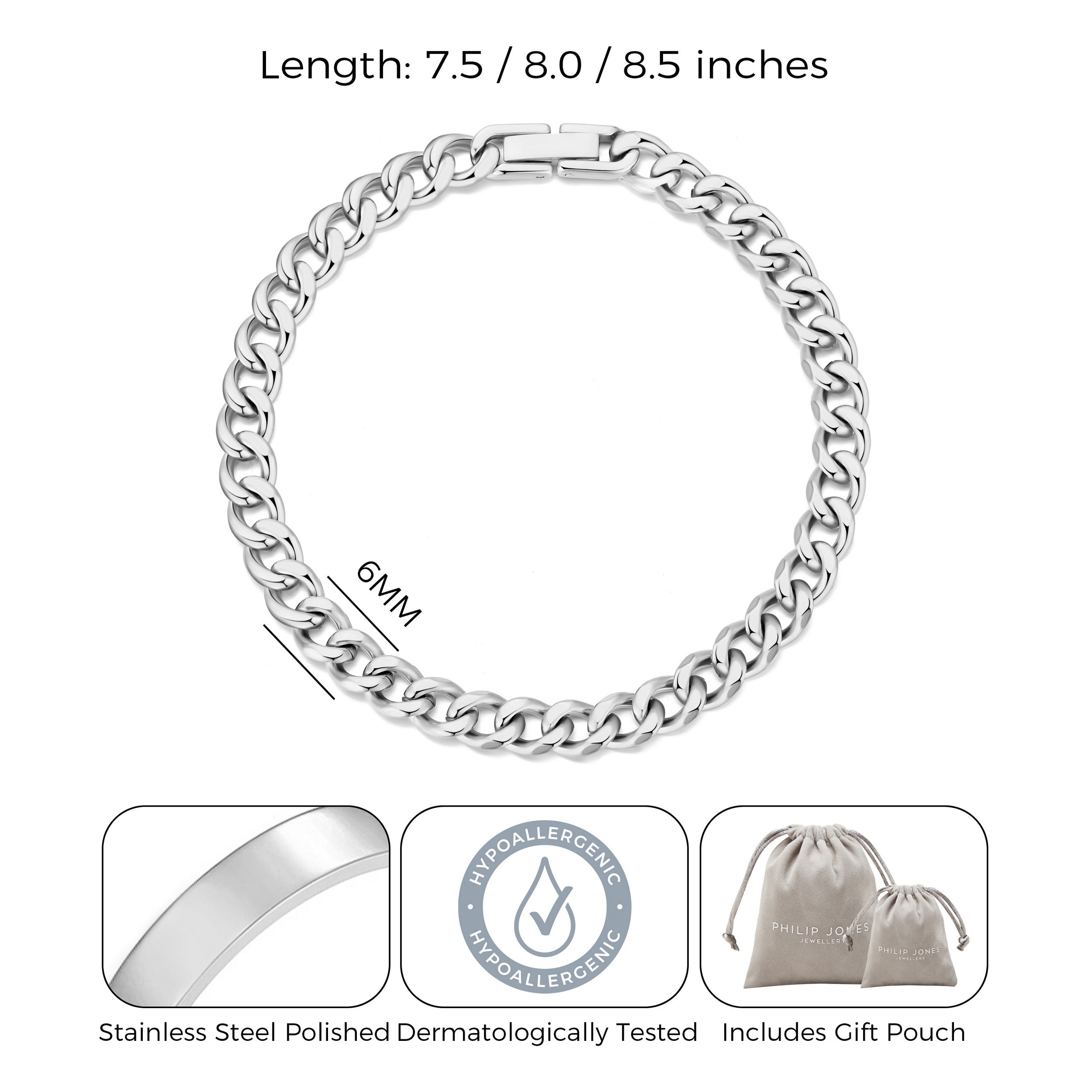 Men's 6mm Stainless Steel 7.5-8.5 Inch Curb Chain Bracelet