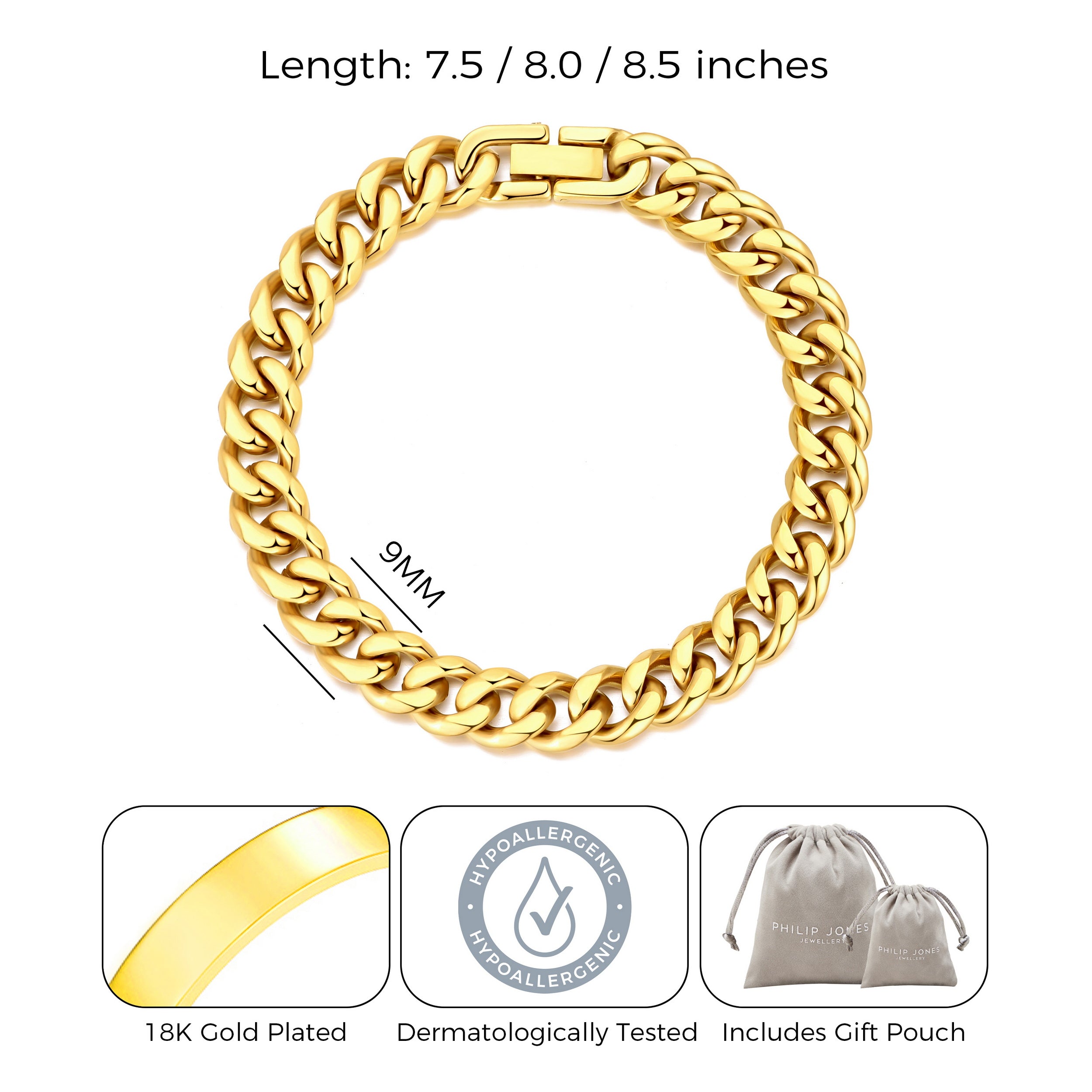 Men's 9mm Gold Plated Stainless Steel 7.5-8.5 Inch Curb Chain Bracelet