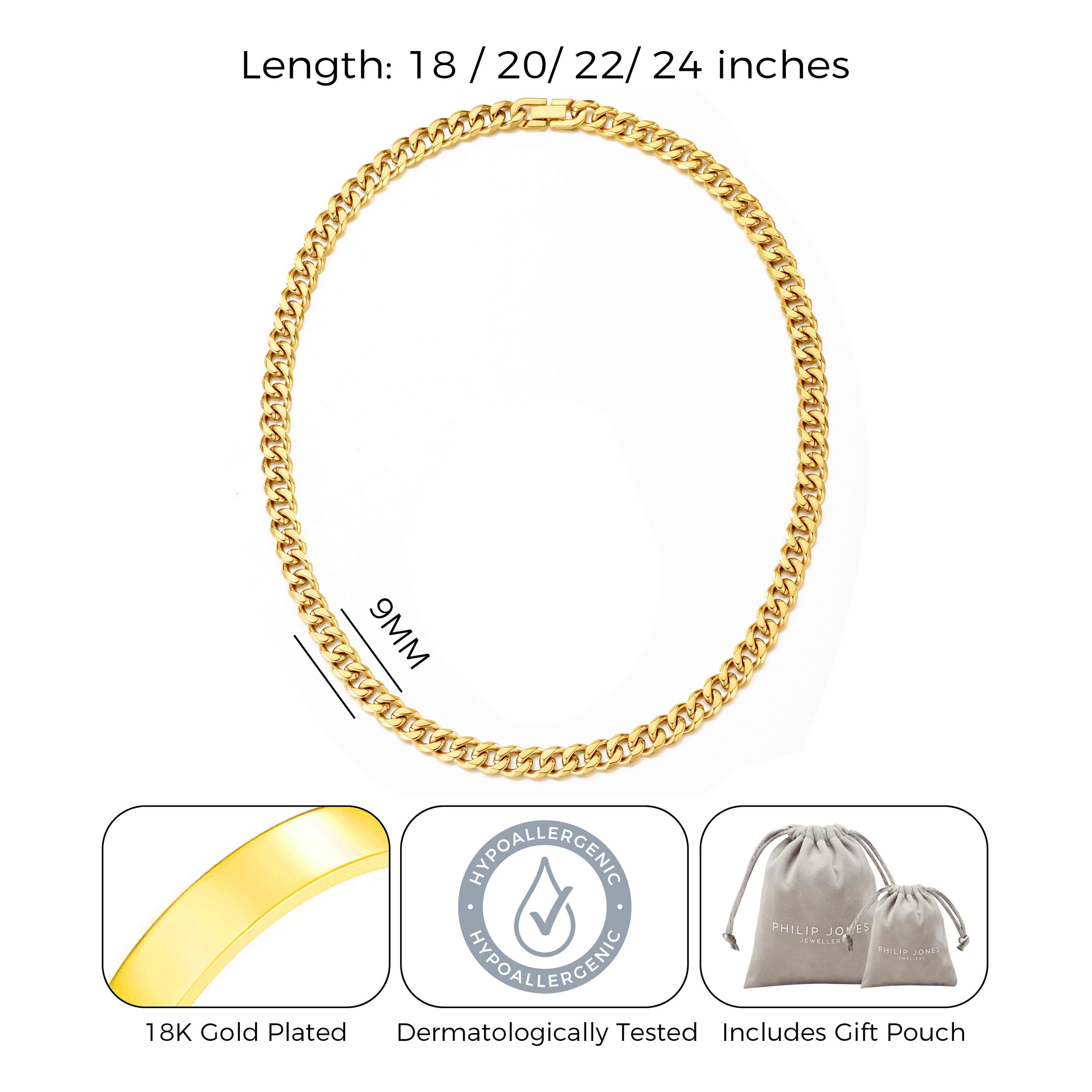Men's 9mm Gold Plated Steel 18-24 Inch Cuban Curb Chain Necklace