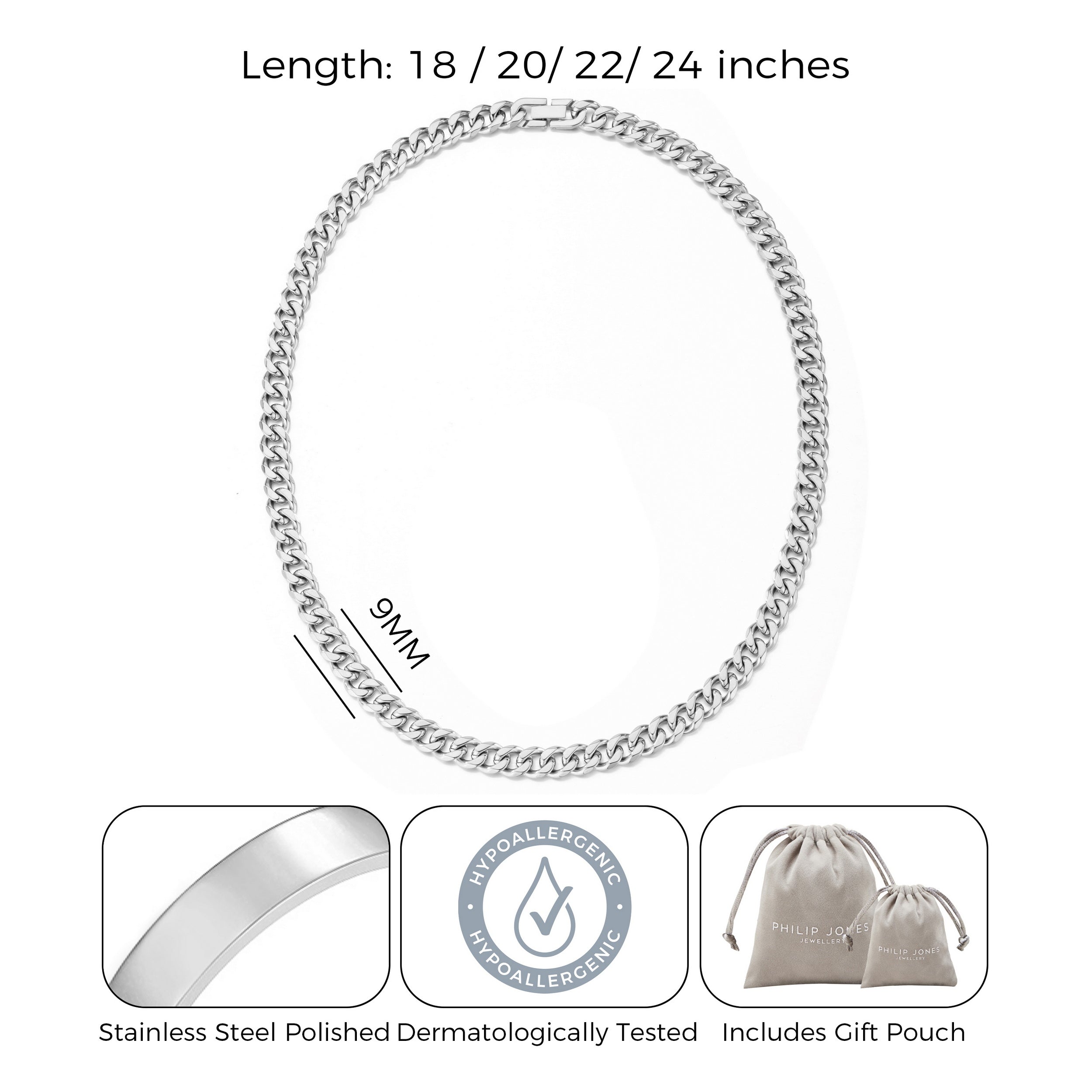 Men's 9mm Stainless Steel 18-24 Inch Cuban Curb Chain Necklace