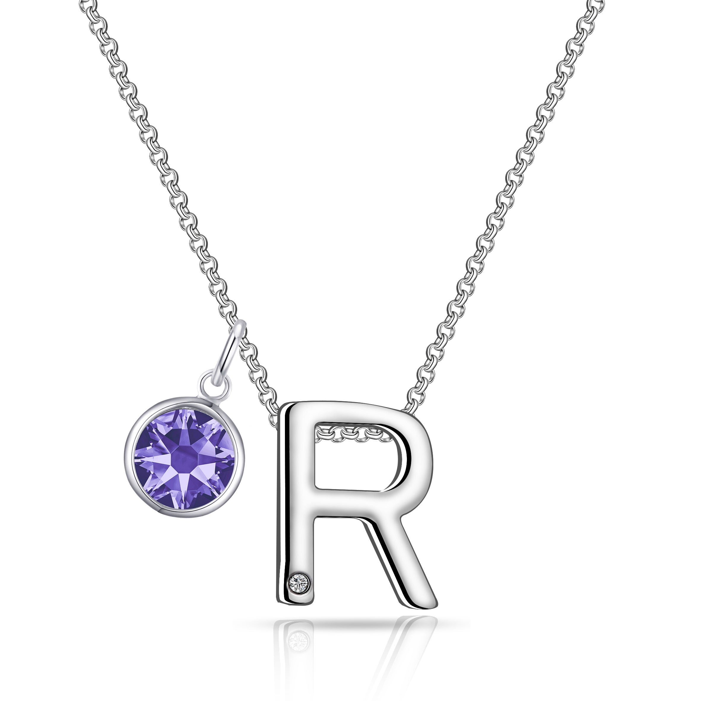 Initial R Necklace with Birthstone Charm Created with Zircondia® Crystals