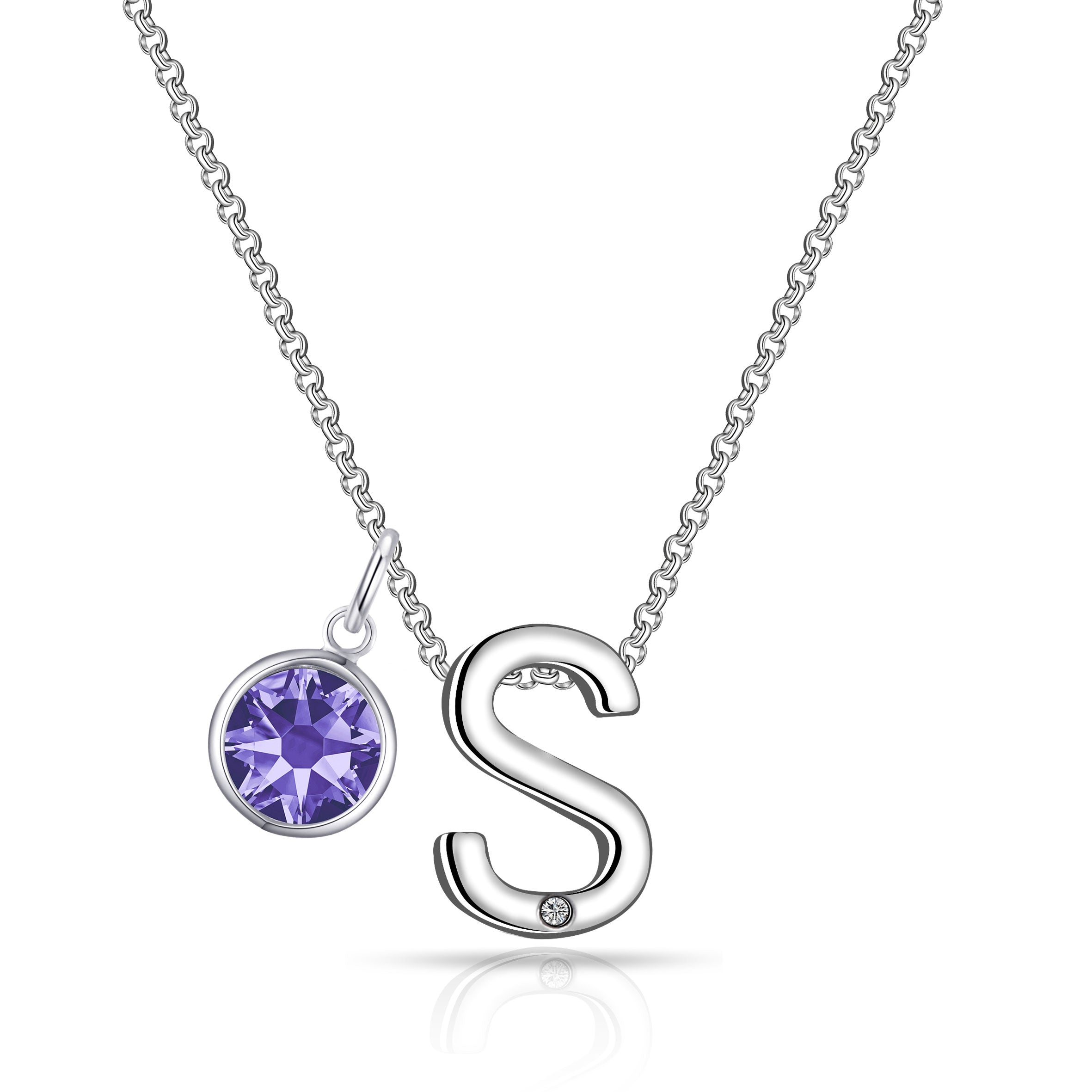 Initial S Necklace with Birthstone Charm Created with Zircondia® Crystals