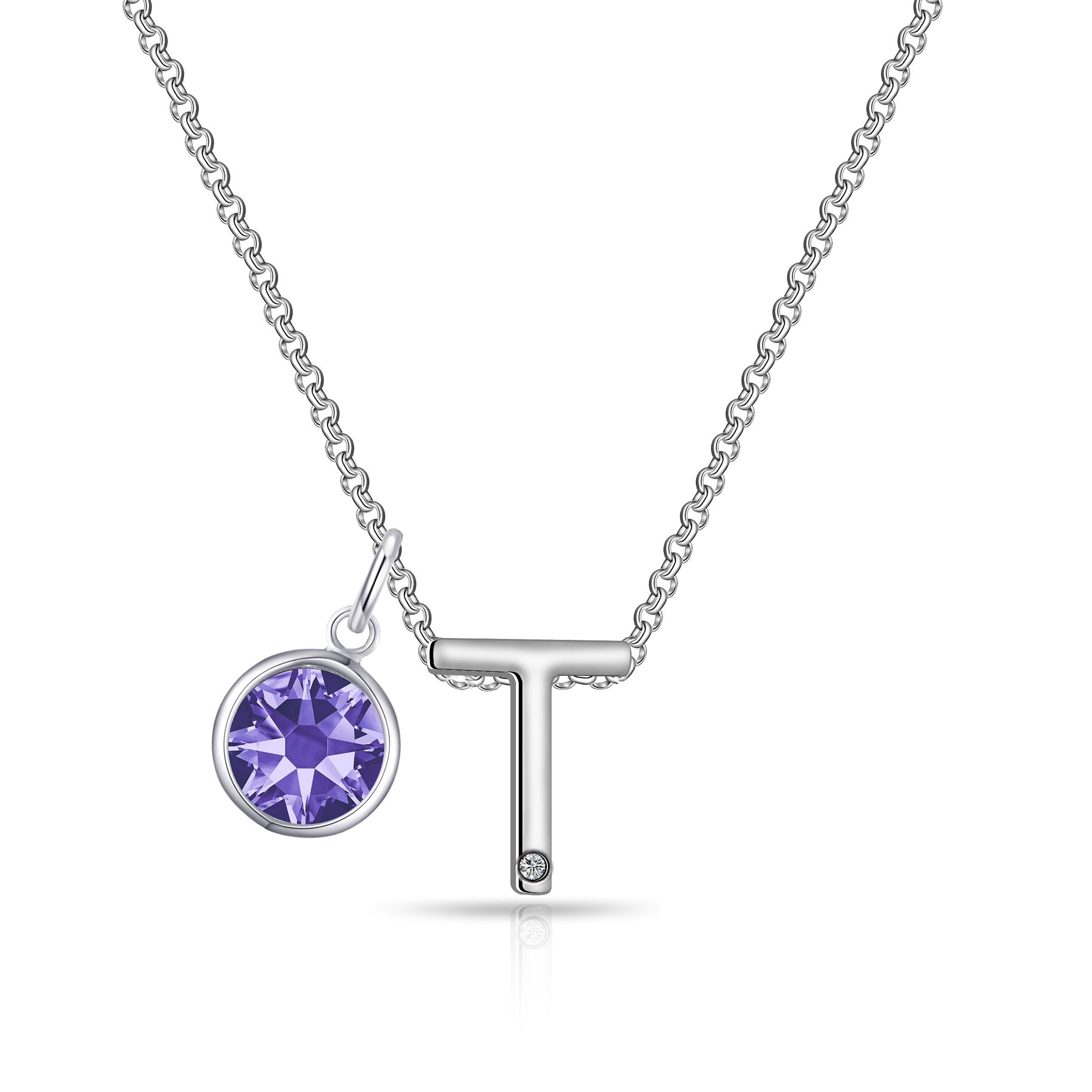 Initial T Necklace with Birthstone Charm Created with Zircondia® Crystals