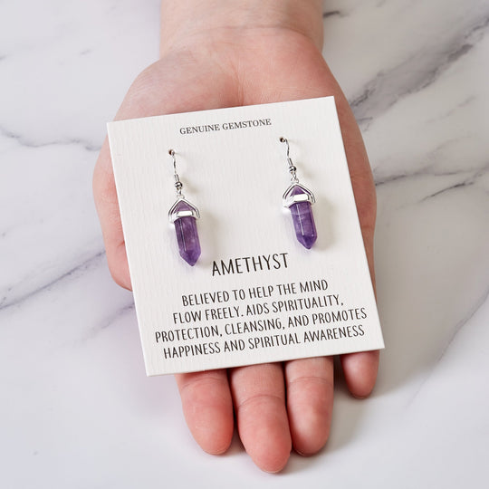 Amethyst Gemstone Drop Earrings with Quote Card - Philip Jones Jewellery