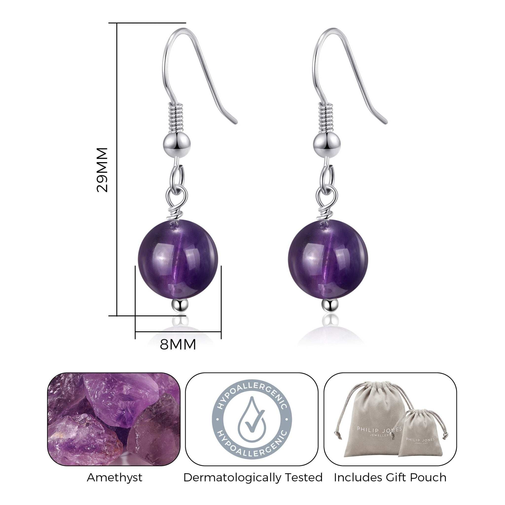 Amethyst Gemstone Round Drop Earrings - Philip Jones Jewellery