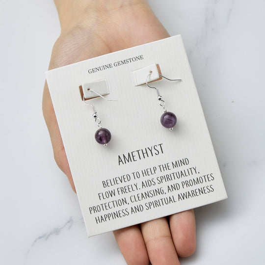 Amethyst Gemstone Round Drop Earrings with Quote Card - Philip Jones Jewellery