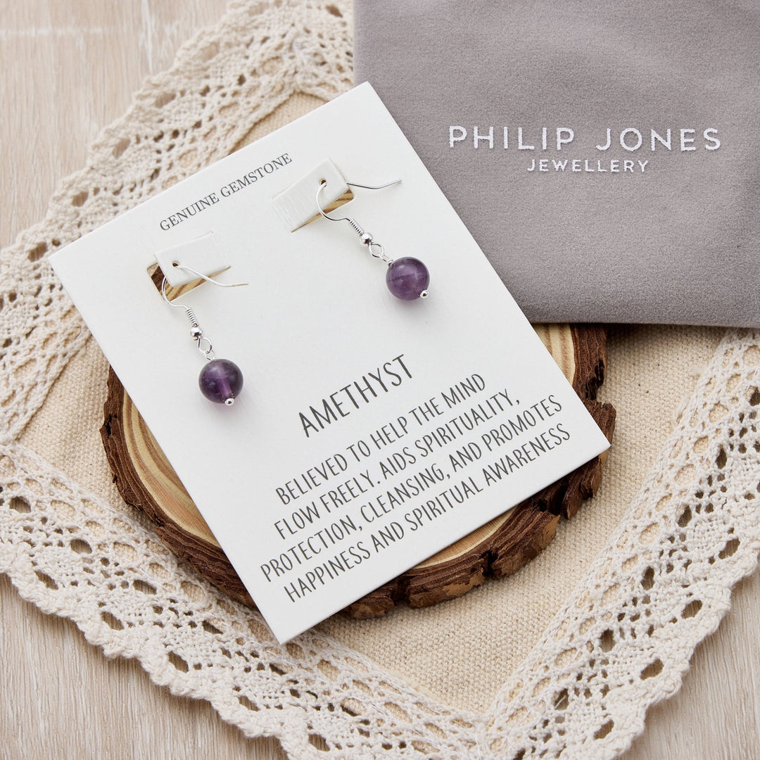 Amethyst Gemstone Round Drop Earrings with Quote Card - Philip Jones Jewellery