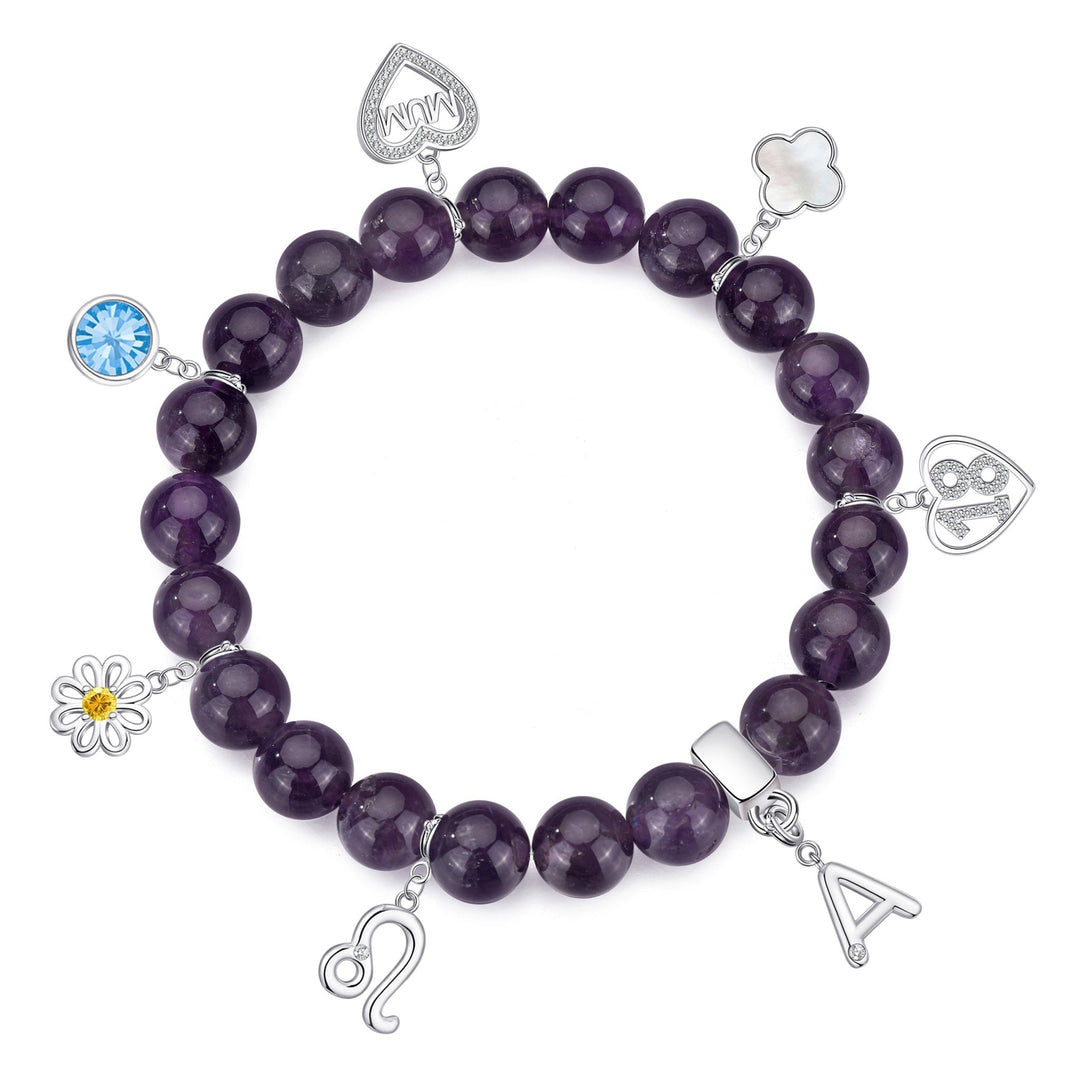 Amethyst Gemstone Stretch Bracelet with Choice of Charms - Philip Jones Jewellery