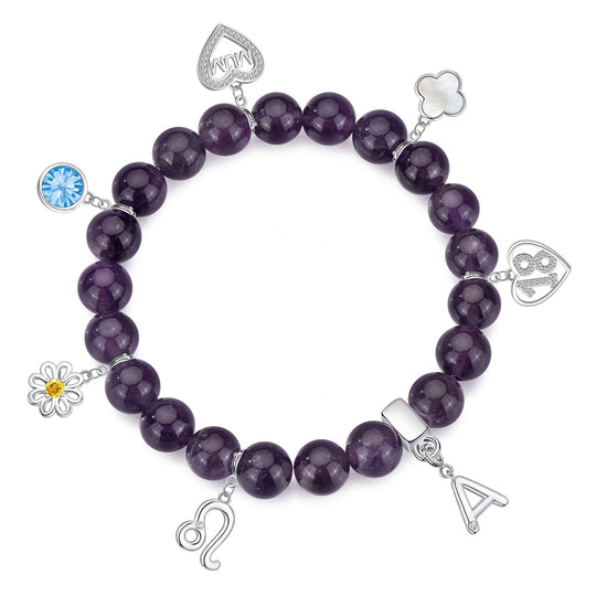 Amethyst Gemstone Stretch Bracelet with Choice of Charms - Philip Jones Jewellery