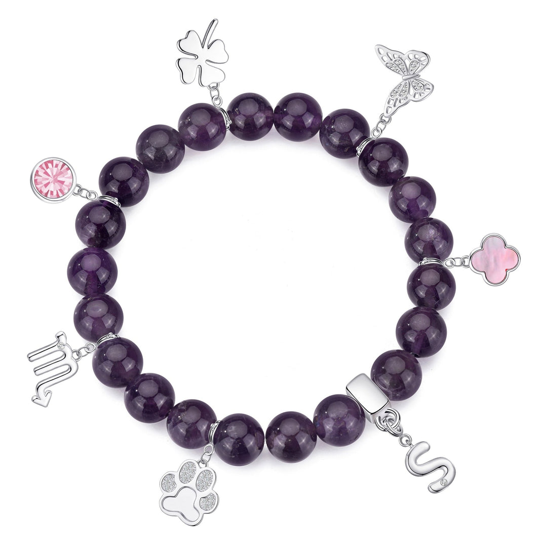 Amethyst Gemstone Stretch Bracelet with Choice of Charms - Philip Jones Jewellery