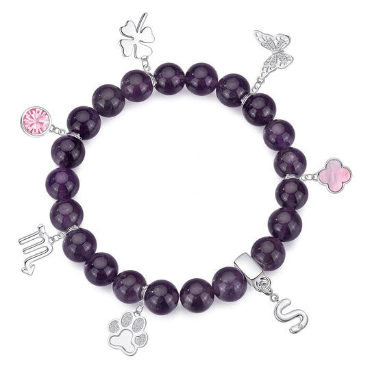 Amethyst Gemstone Stretch Bracelet with Choice of Charms - Philip Jones Jewellery