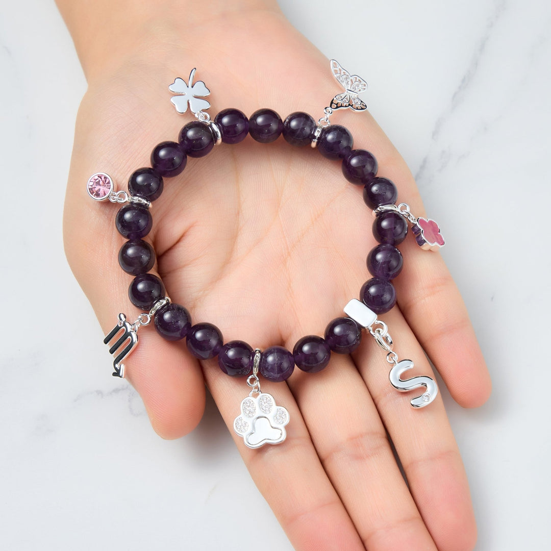 Amethyst Gemstone Stretch Bracelet with Option of Charms - Philip Jones Jewellery
