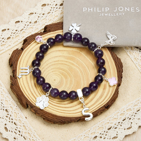 Amethyst Gemstone Stretch Bracelet with Option of Charms - Philip Jones Jewellery