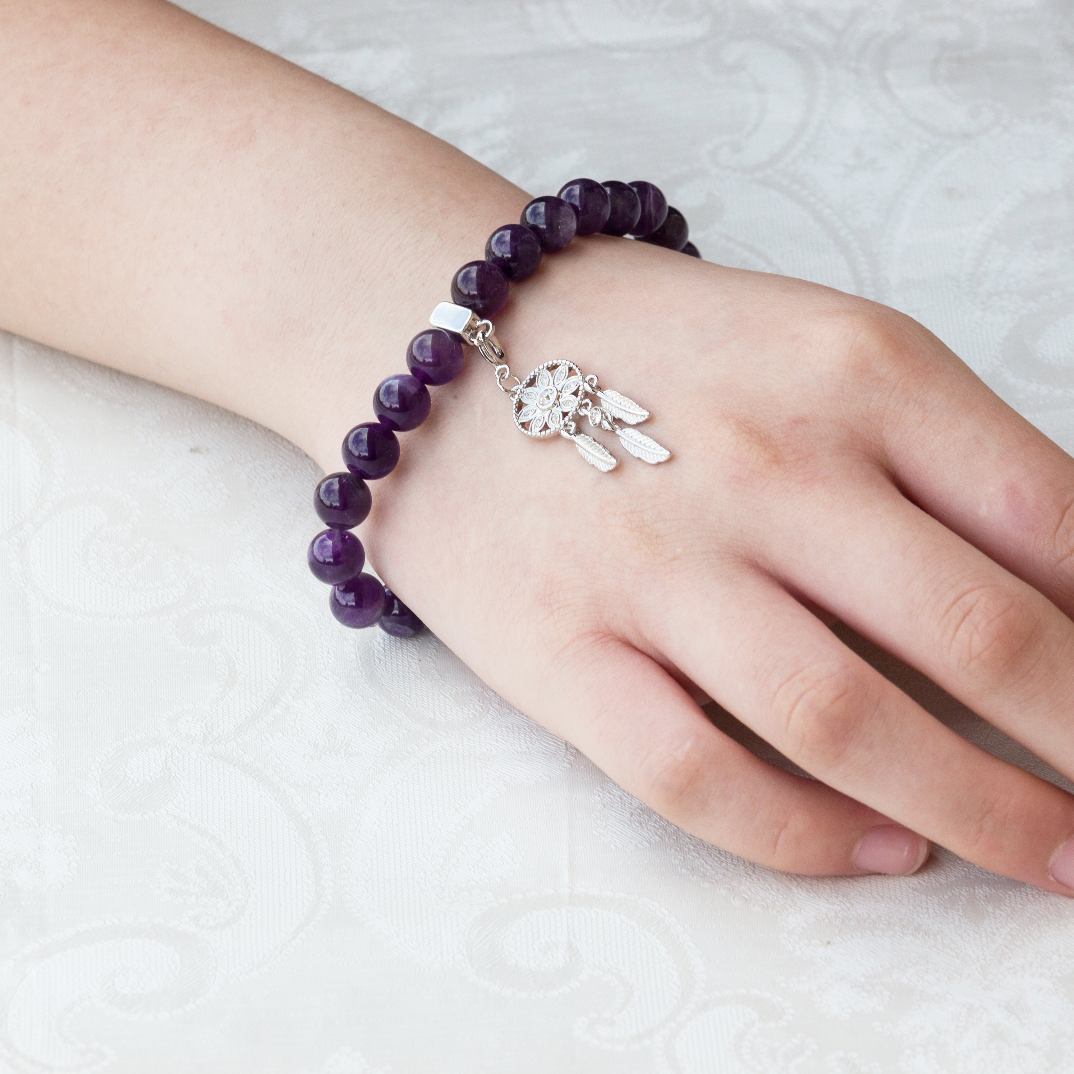 Amethyst Gemstone Stretch Bracelet with Charm Created with Zircondia® Crystals
