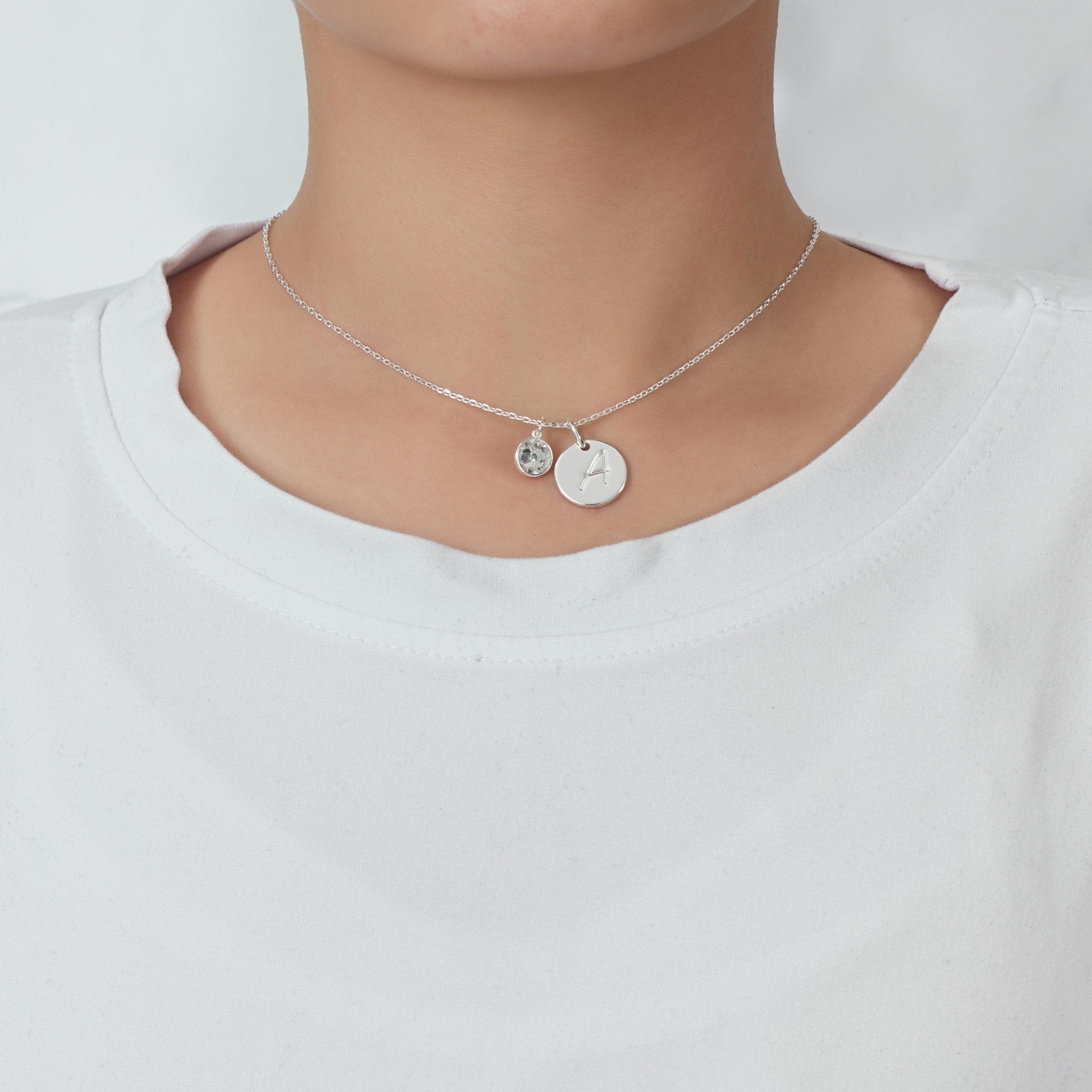 April (Diamond) Birthstone Necklace with Initial Charm (A to Z) Created with Zircondia® Crystals - Philip Jones Jewellery