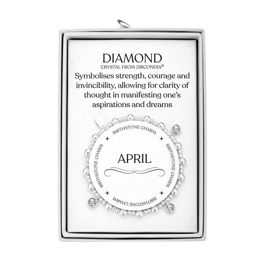 April (Diamond) Birthstone Stretch Charm Bracelet with Quote Gift Box - Philip Jones Jewellery