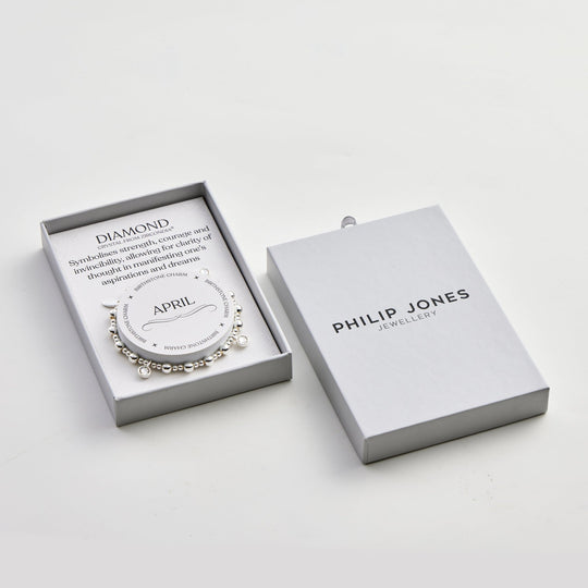 April (Diamond) Birthstone Stretch Charm Bracelet with Quote Gift Box - Philip Jones Jewellery