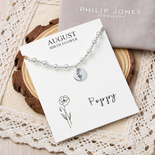 August Birth Flower Poppy Beaded Stretch Bracelet
